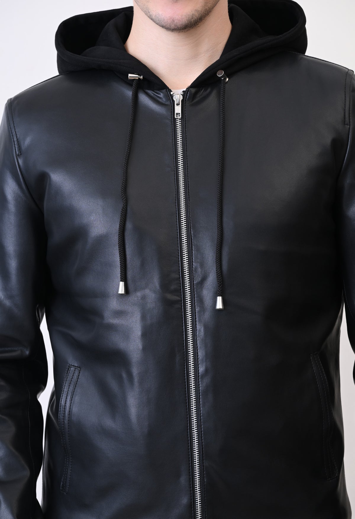 Men Hood Collar Solid Casual Black Biker Jacket – view 5