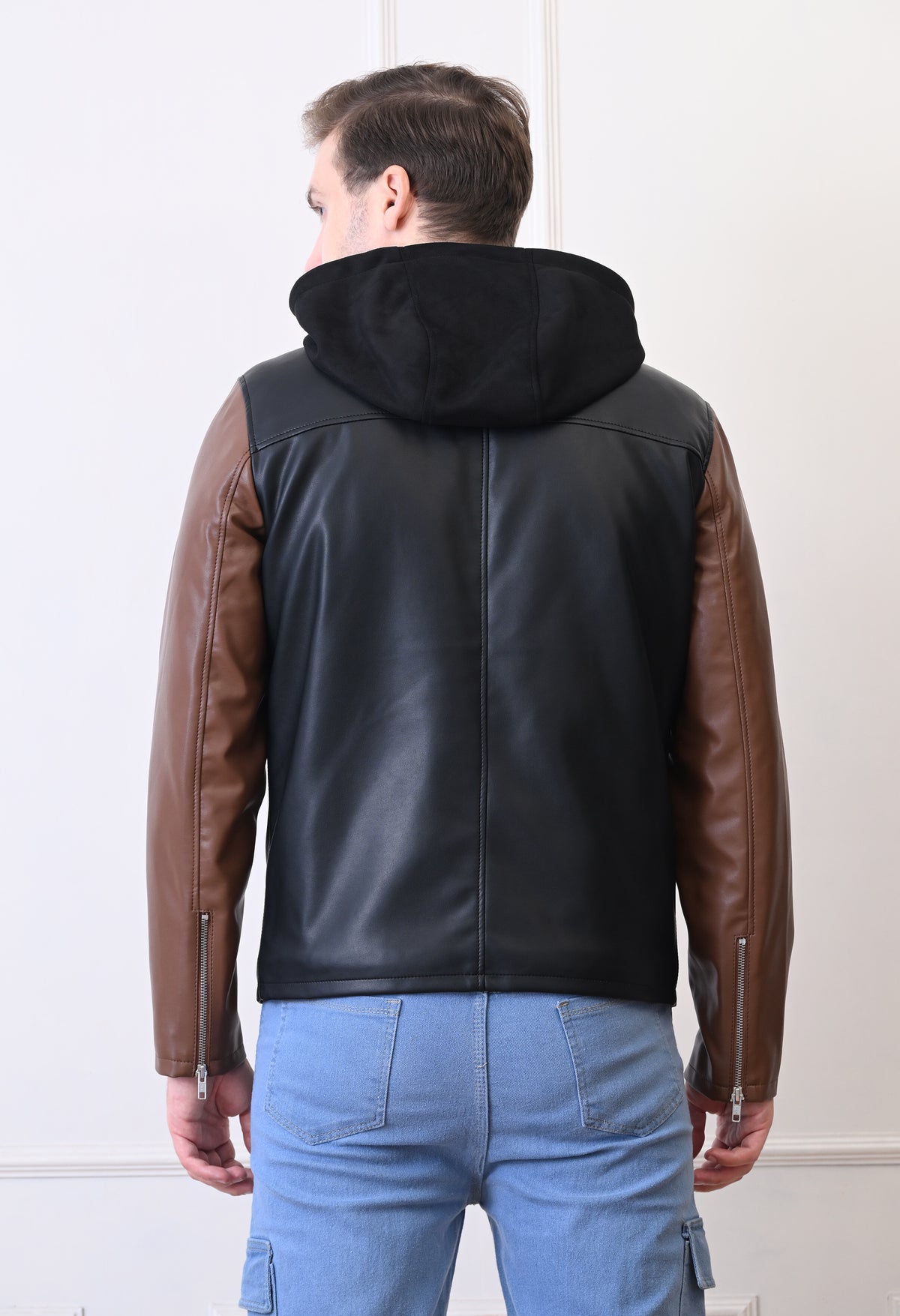 Men Hood Collar Solid Casual Black&Tan Biker Jacket – view 7