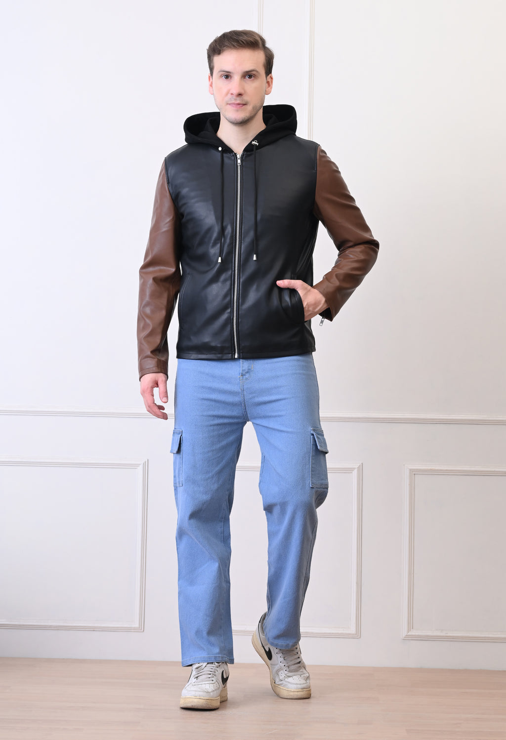 Men Hood Collar Solid Casual Black&Tan Biker Jacket – view 2