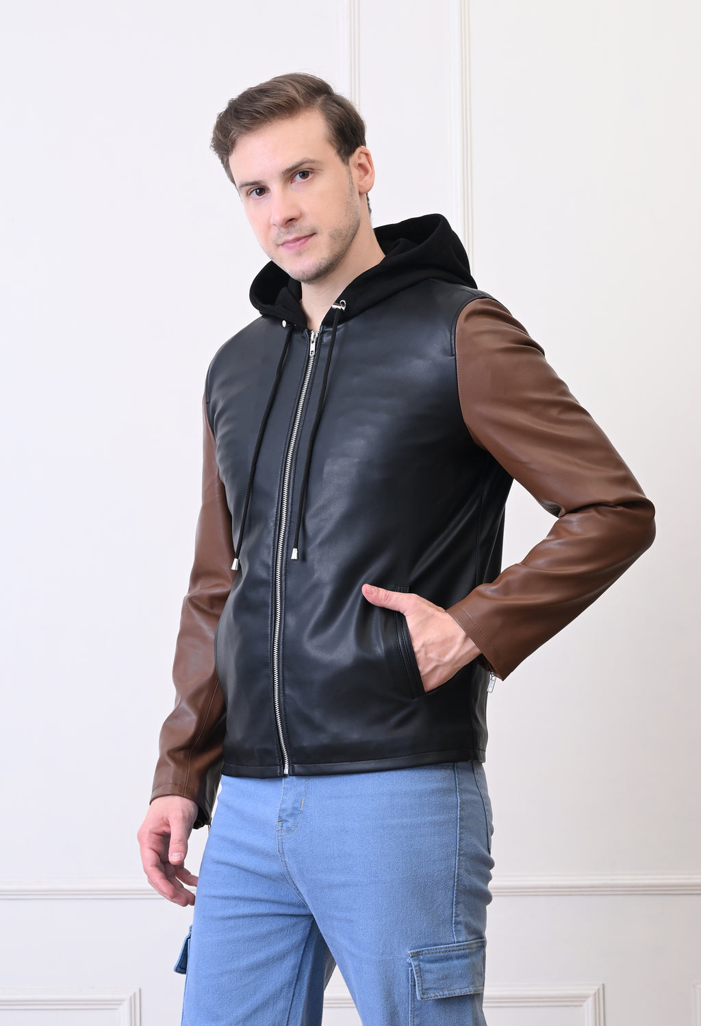 Men Hood Collar Solid Casual Black&Tan Biker Jacket – view 3