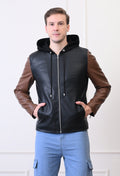 Men Hood Collar Solid Casual Black&Tan Biker Jacket