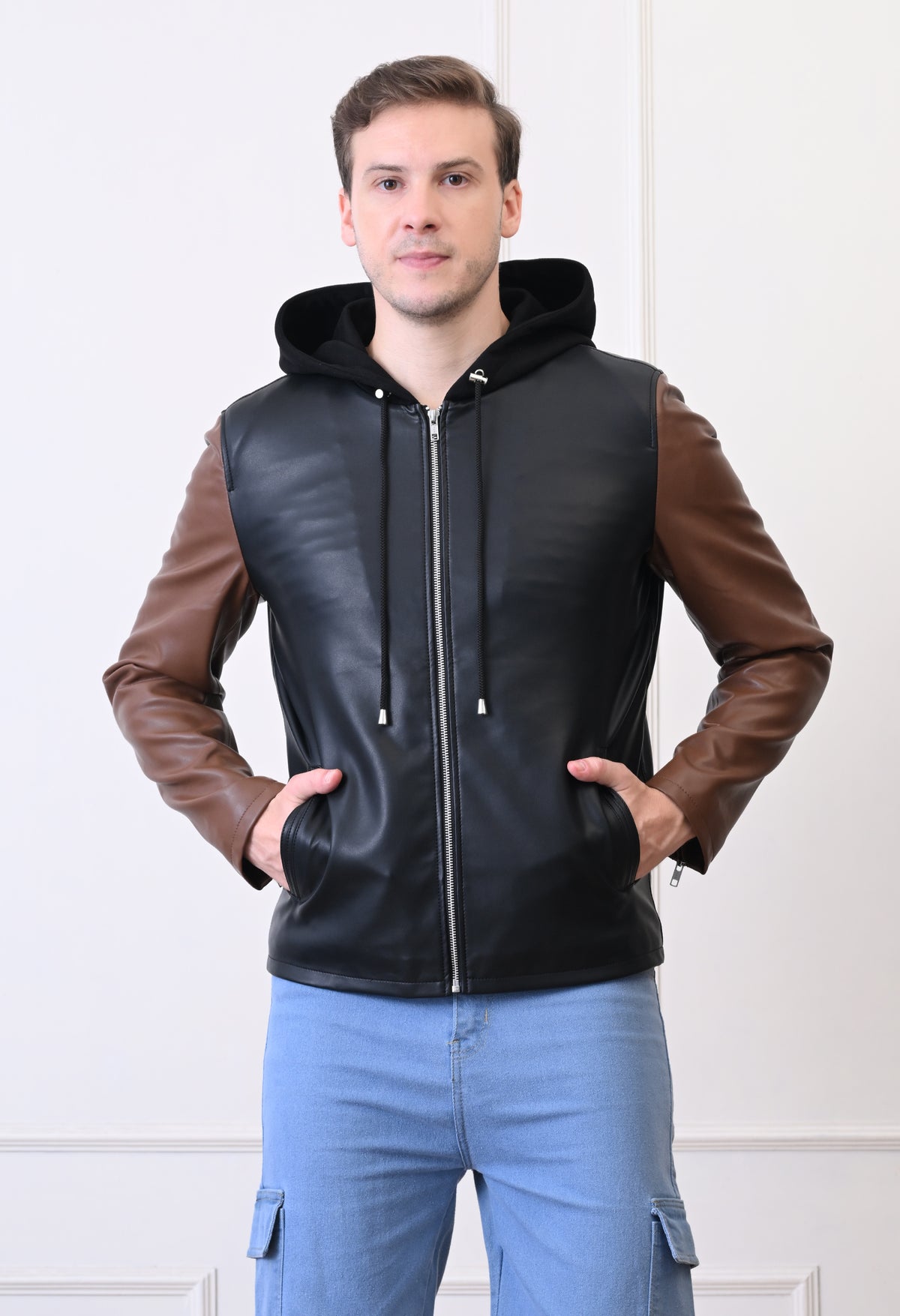 Men Hood Collar Solid Casual Black&Tan Biker Jacket