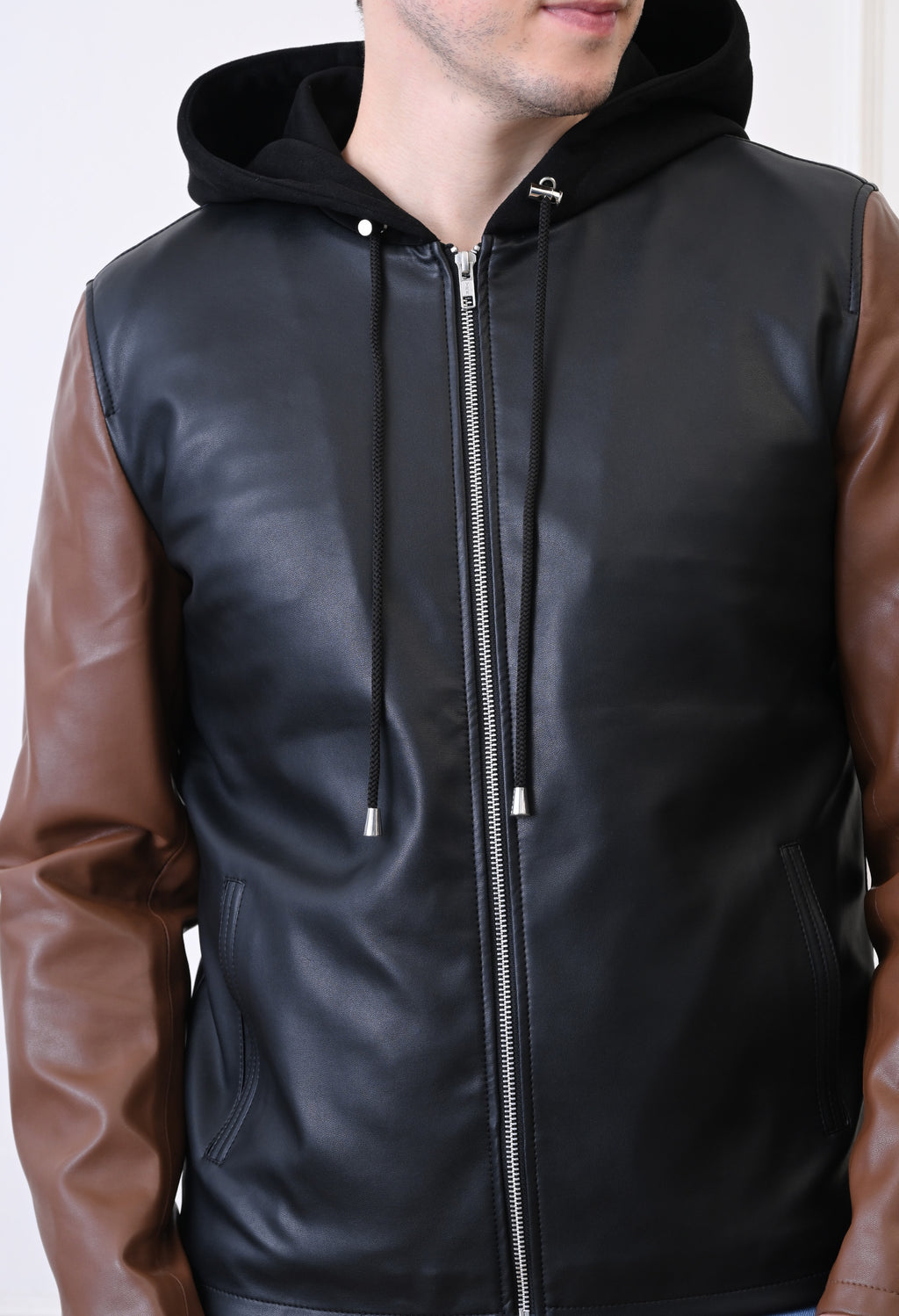 Men Hood Collar Solid Casual Black&Tan Biker Jacket – view 4