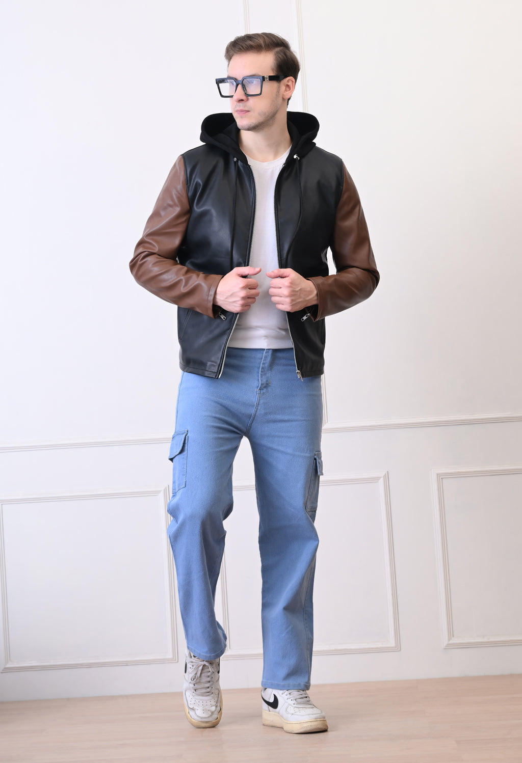 Men Hood Collar Solid Casual Black&Tan Biker Jacket – view 5