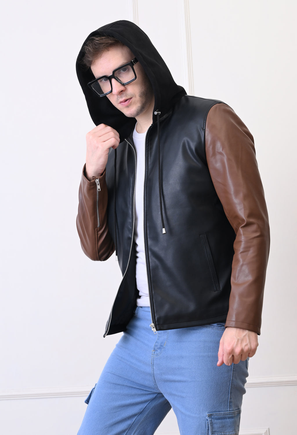 Men Hood Collar Solid Casual Black&Tan Biker Jacket – view 6