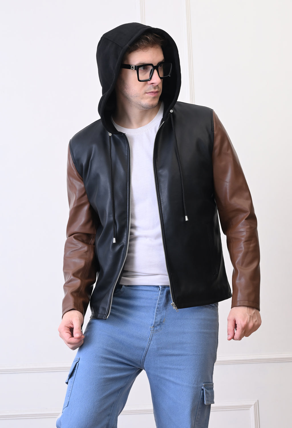 Men Hood Collar Solid Casual Black&Tan Biker Jacket – view 8
