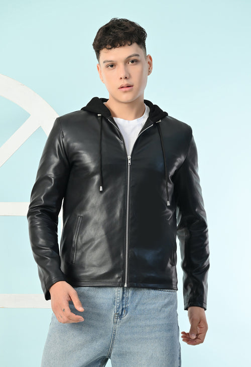 Men Hooded Colourblocked Water Resistant Black Leather Jacket