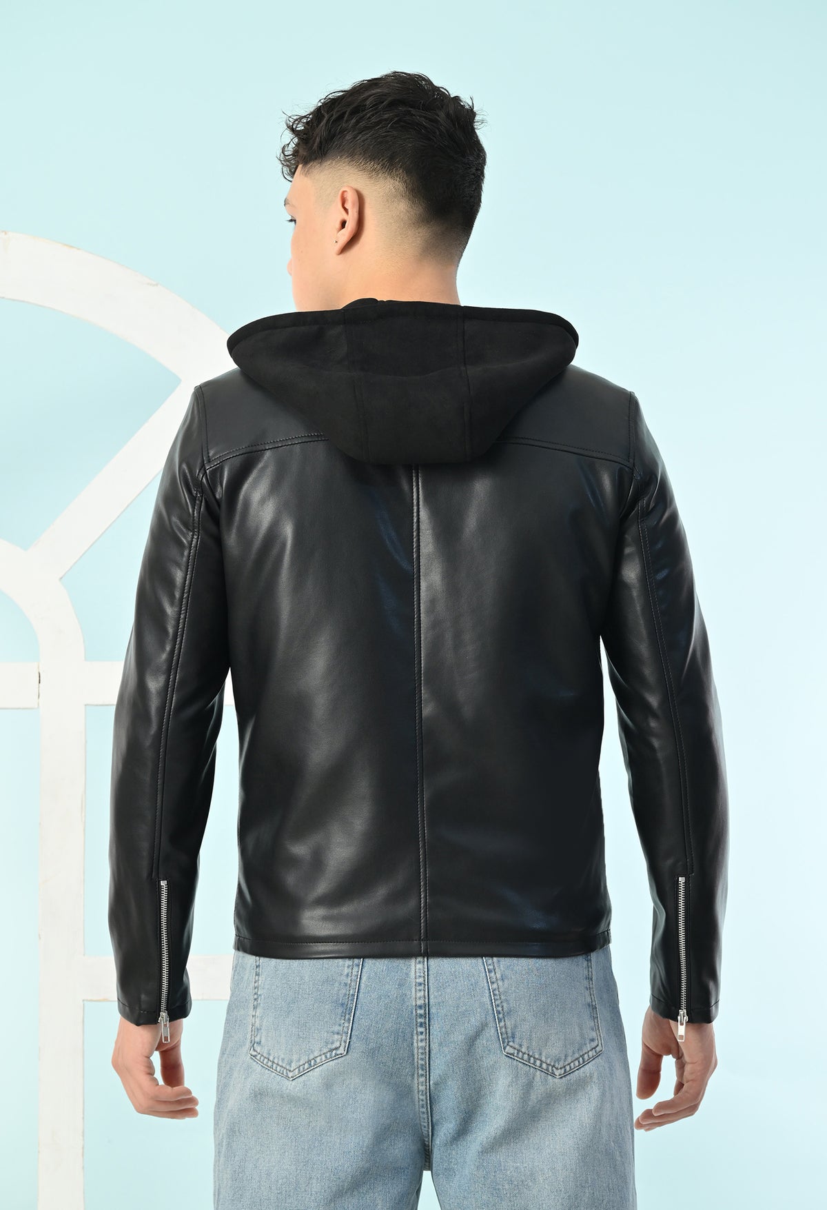 Men Hooded Colourblocked Water Resistant Black Leather Jacket – view 4