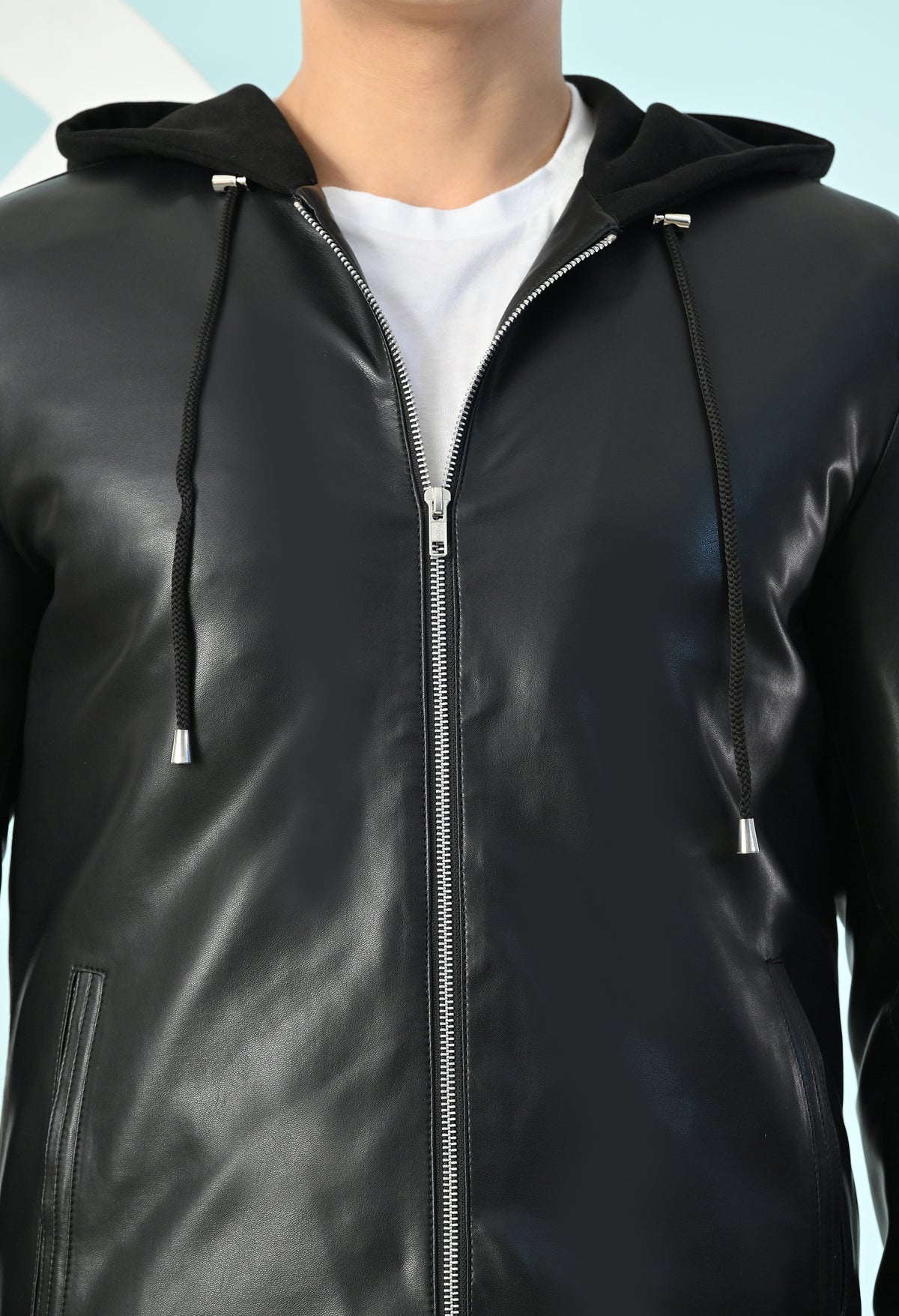 Men Hooded Colourblocked Water Resistant Black Leather Jacket – view 5