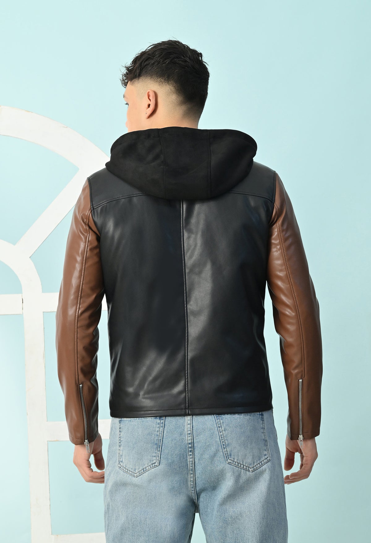 Men Hooded Colourblocked Water Resistant Black&Tan Leather Jacket – view 2