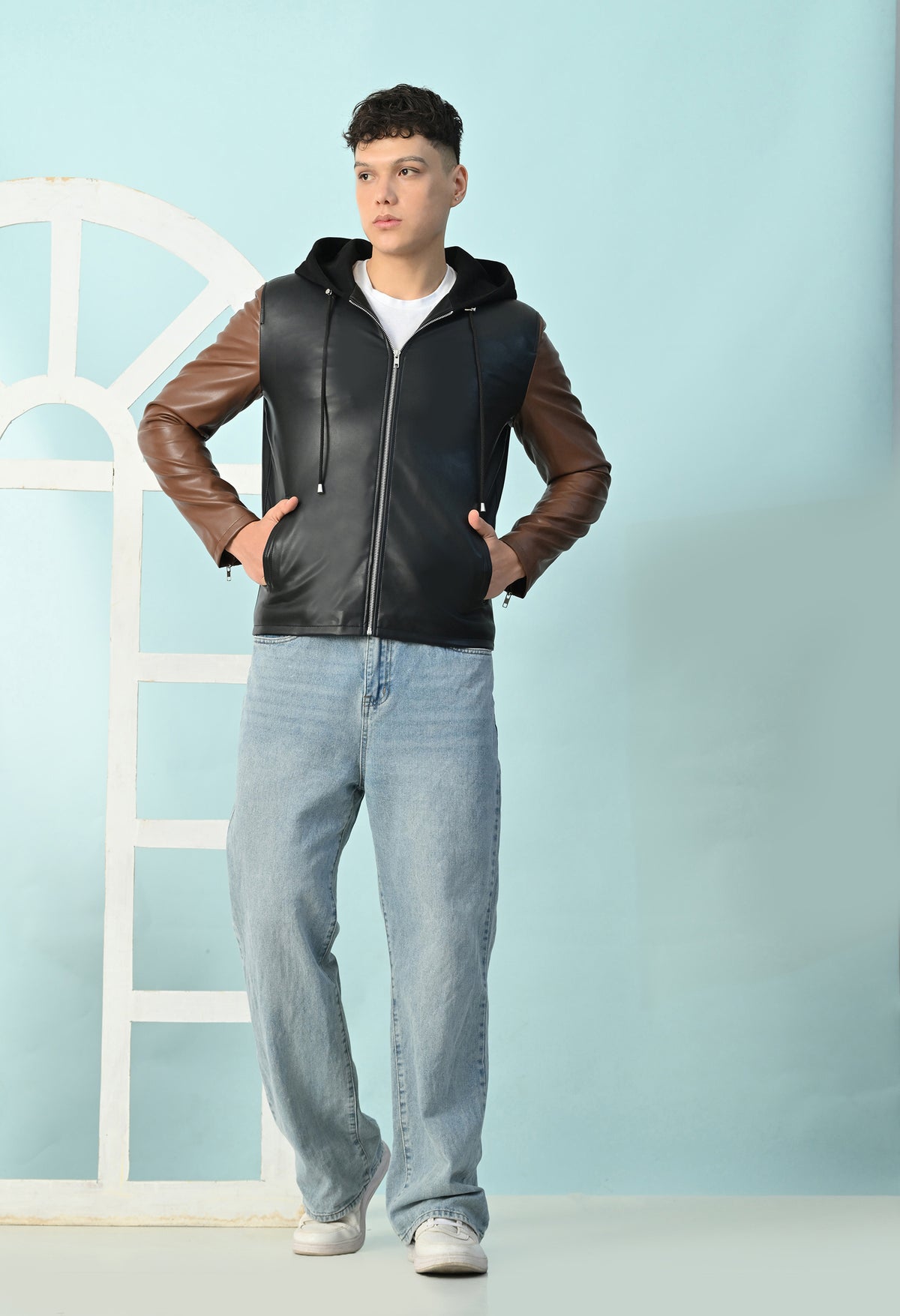Men Hooded Colourblocked Water Resistant Black&Tan Leather Jacket – view 3