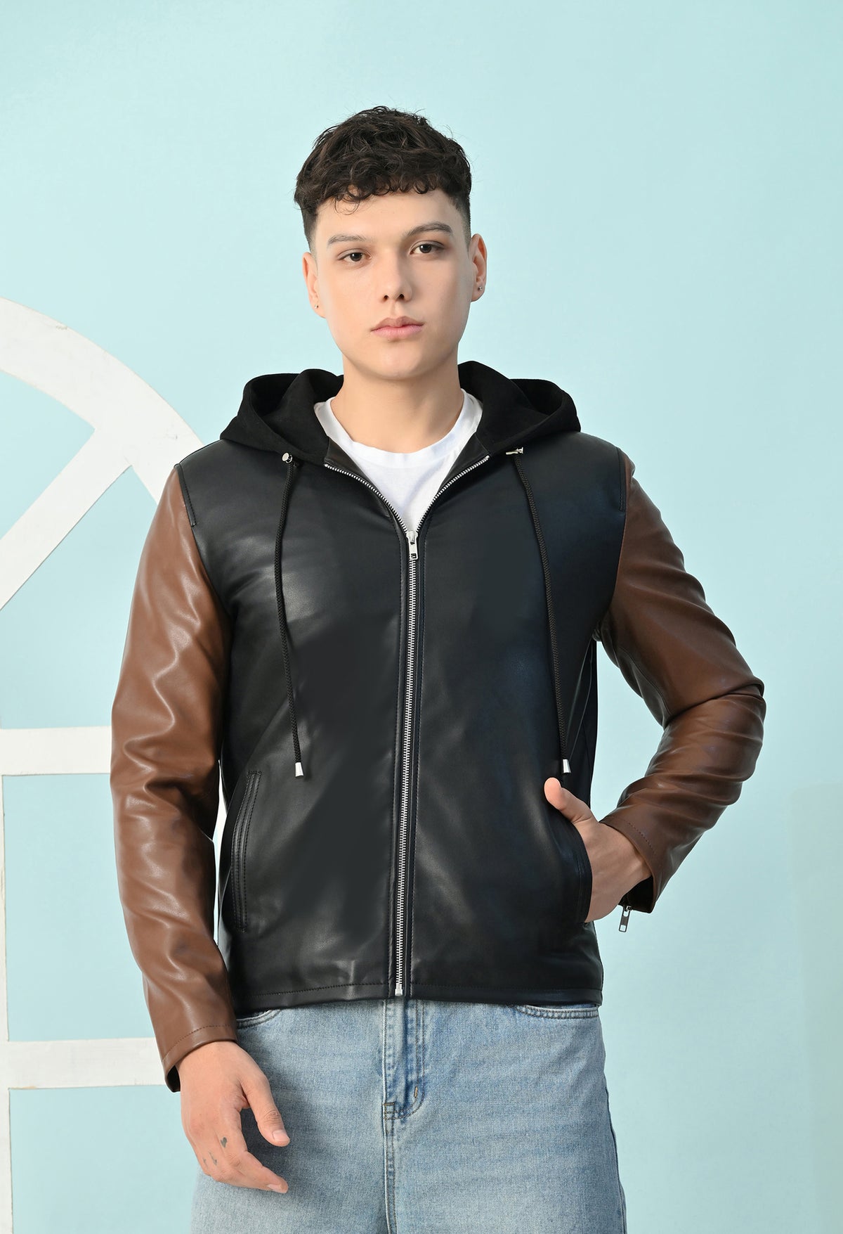 Men Hooded Colourblocked Water Resistant Black&Tan Leather Jacket – view 4