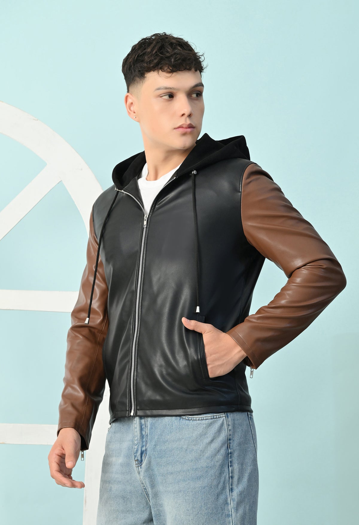 Men Hooded Colourblocked Water Resistant Black&Tan Leather Jacket – view 5