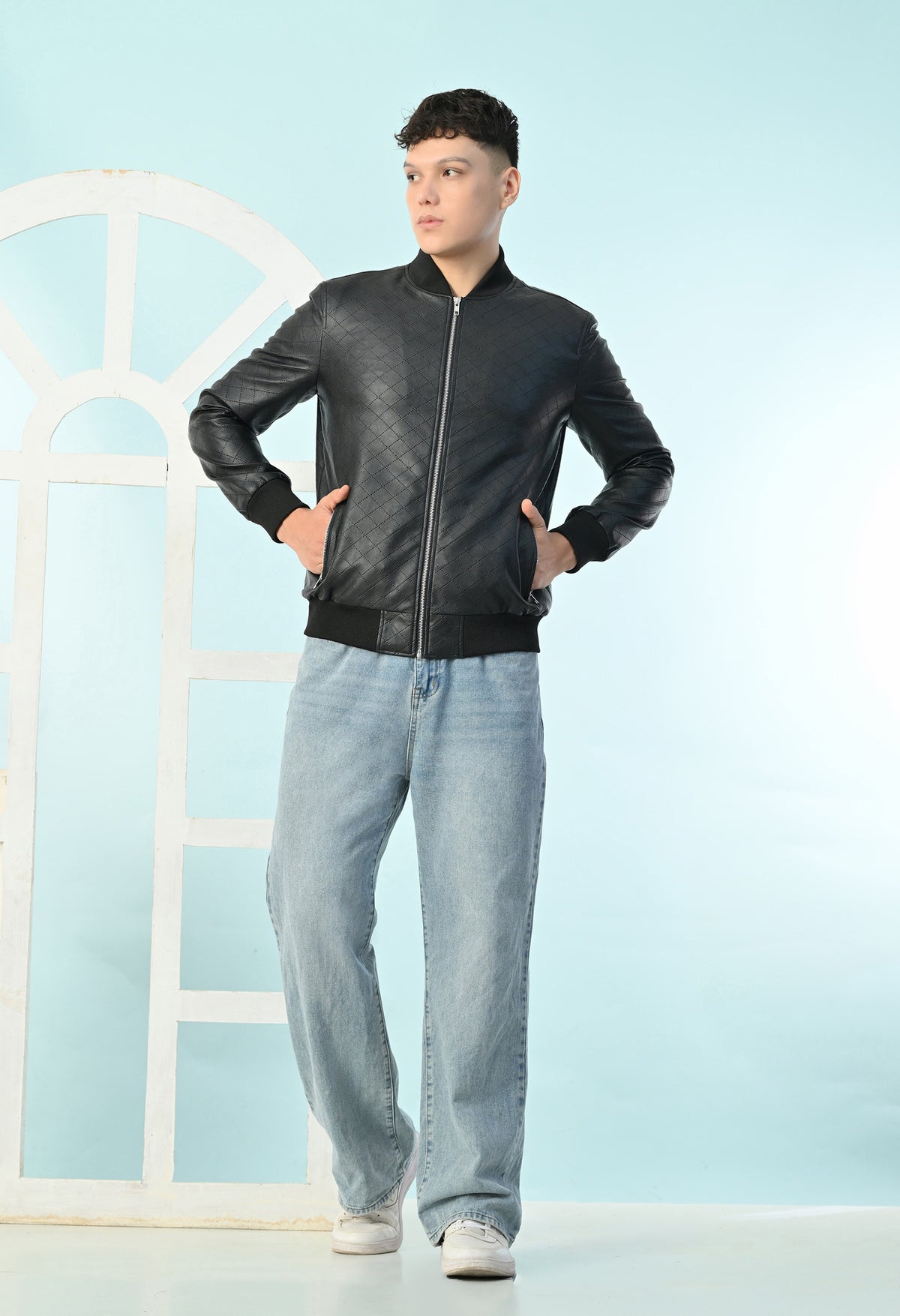 Men Black Leather Lightweight Bomber Jacket – view 3