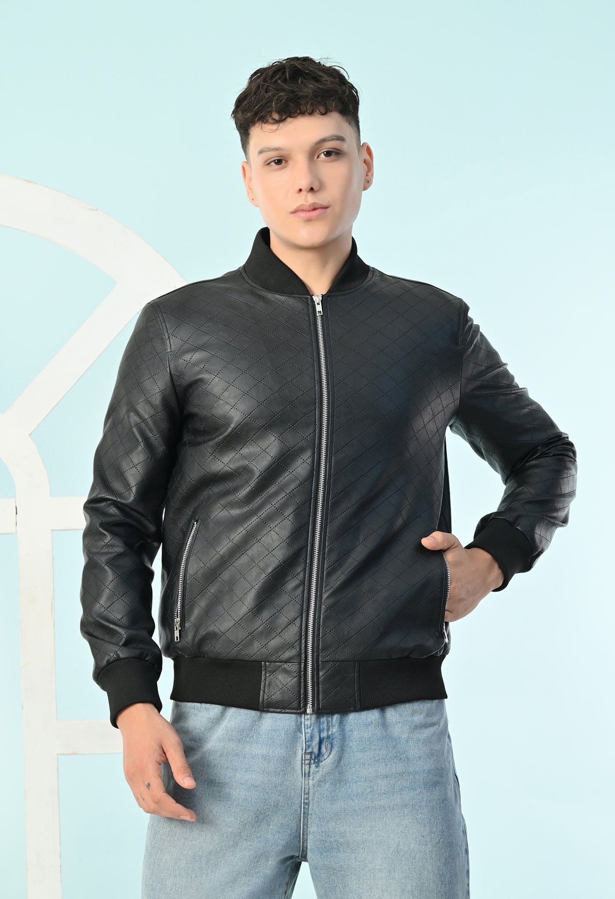 Men Black Leather Lightweight Bomber Jacket