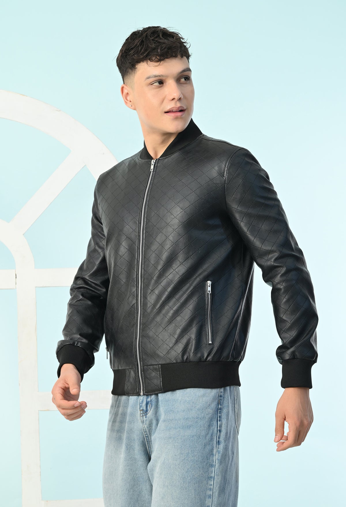 Men Black Leather Lightweight Bomber Jacket – view 4
