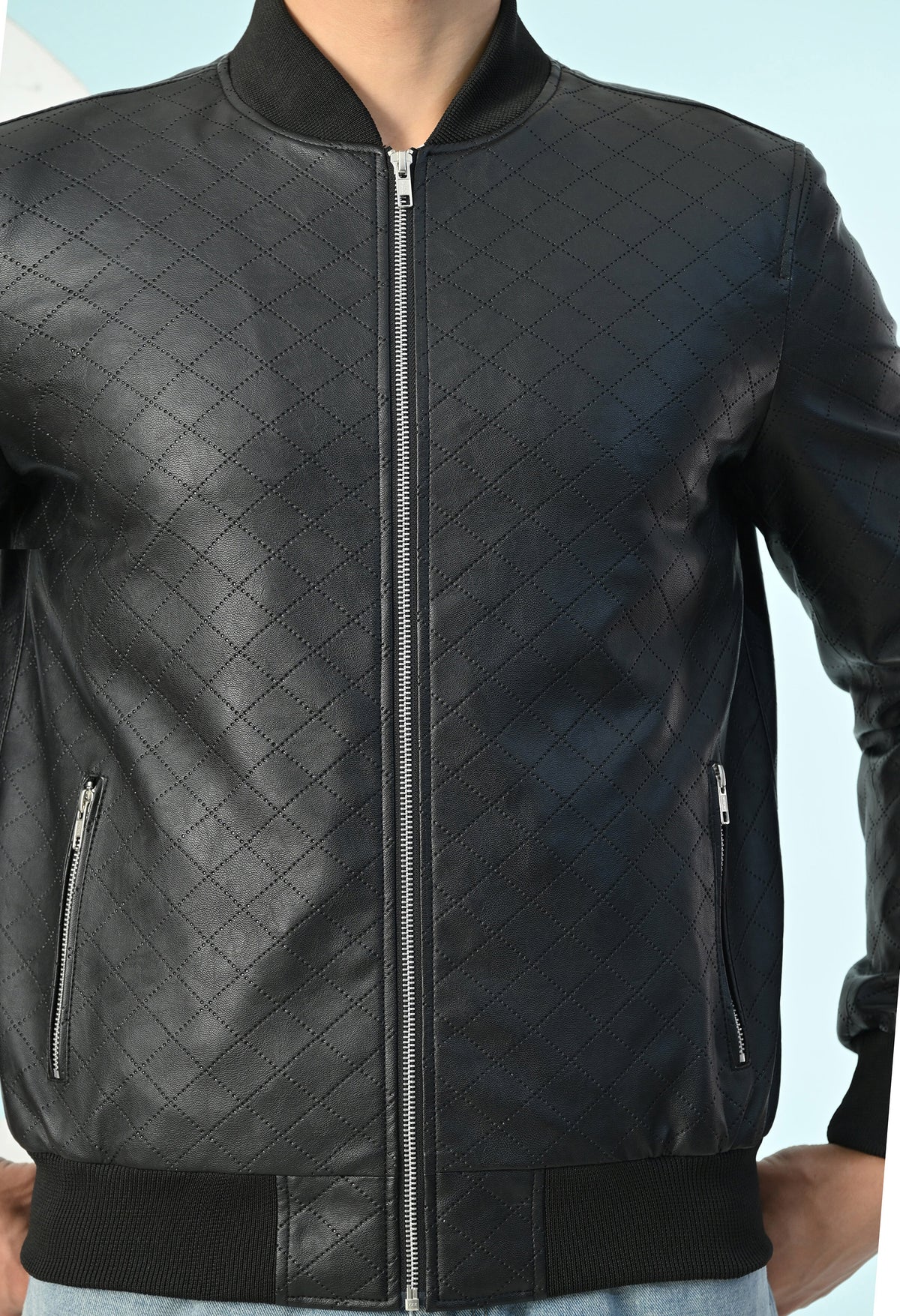 Men Black Leather Lightweight Bomber Jacket – view 5