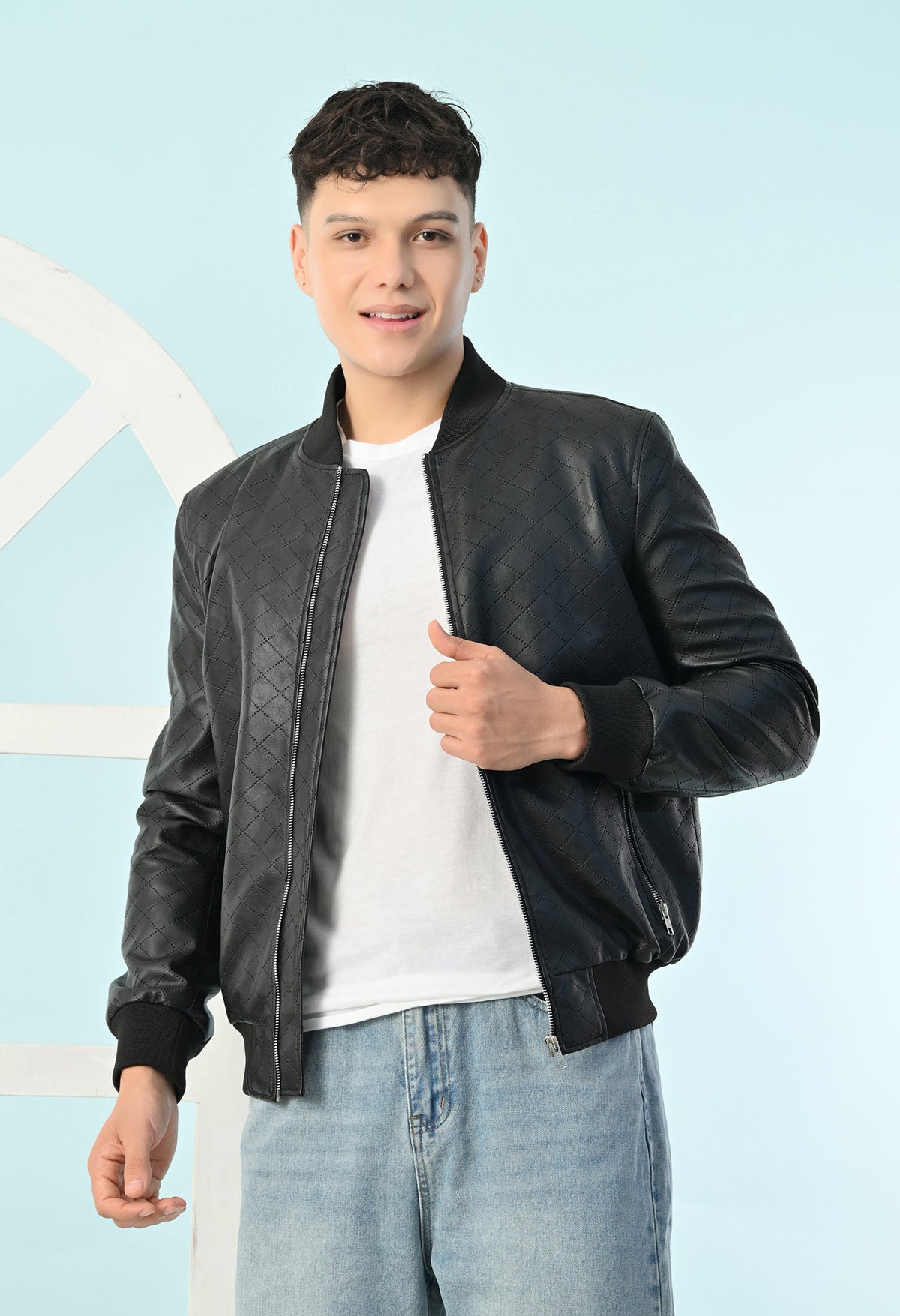 Men Black Leather Lightweight Bomber Jacket – view 6
