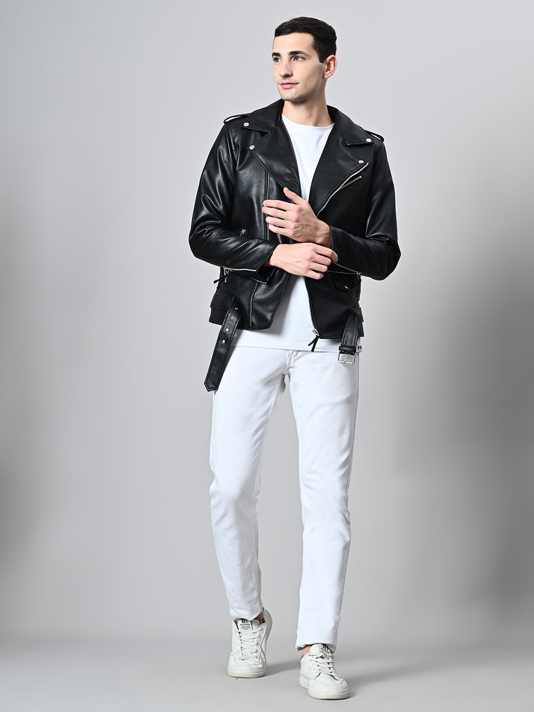 Lapel Collar Solid Casual Biker Black Jacket For Men – view 2