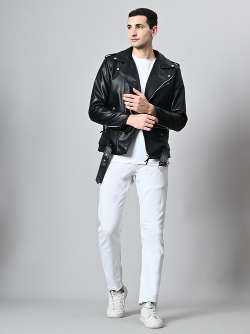 Lapel Collar Solid Casual Biker Black Jacket For Men – view 2