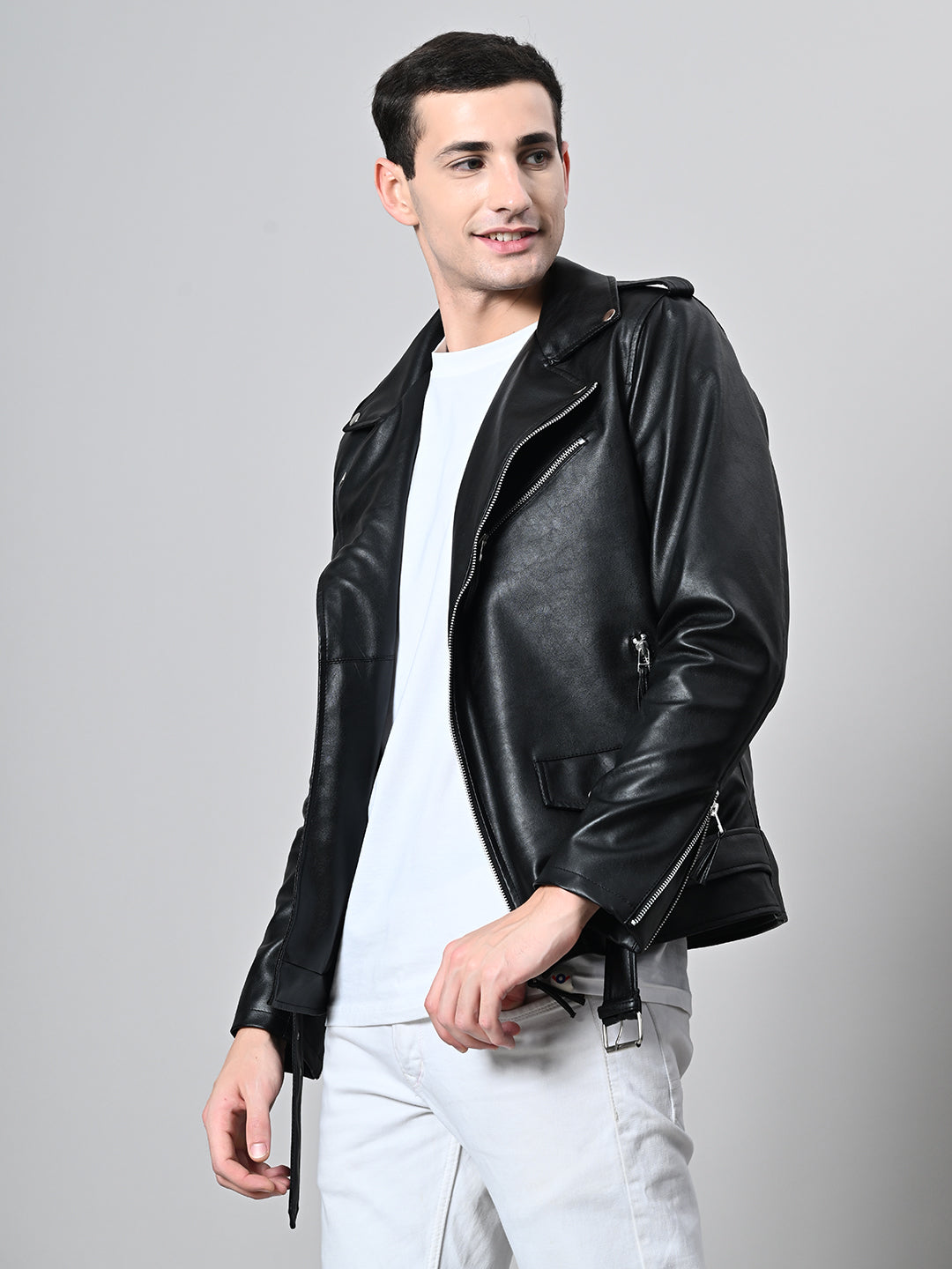 Lapel Collar Solid Casual Biker Black Jacket For Men – view 3