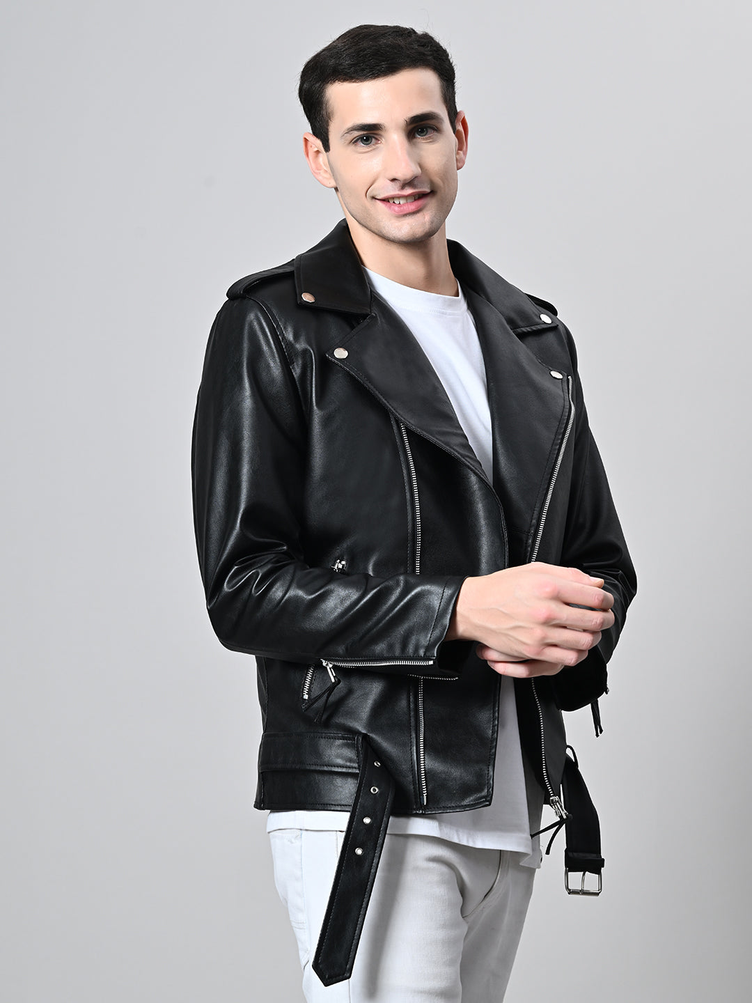 Lapel Collar Solid Casual Biker Black Jacket For Men – view 4
