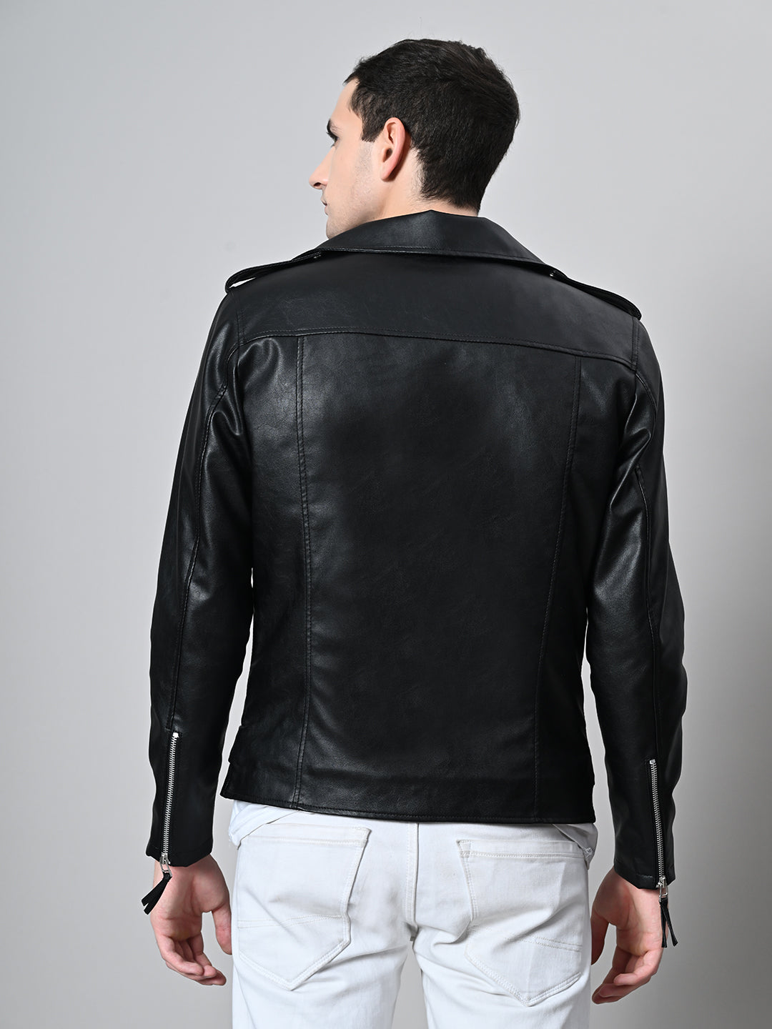 Lapel Collar Solid Casual Biker Black Jacket For Men – view 5