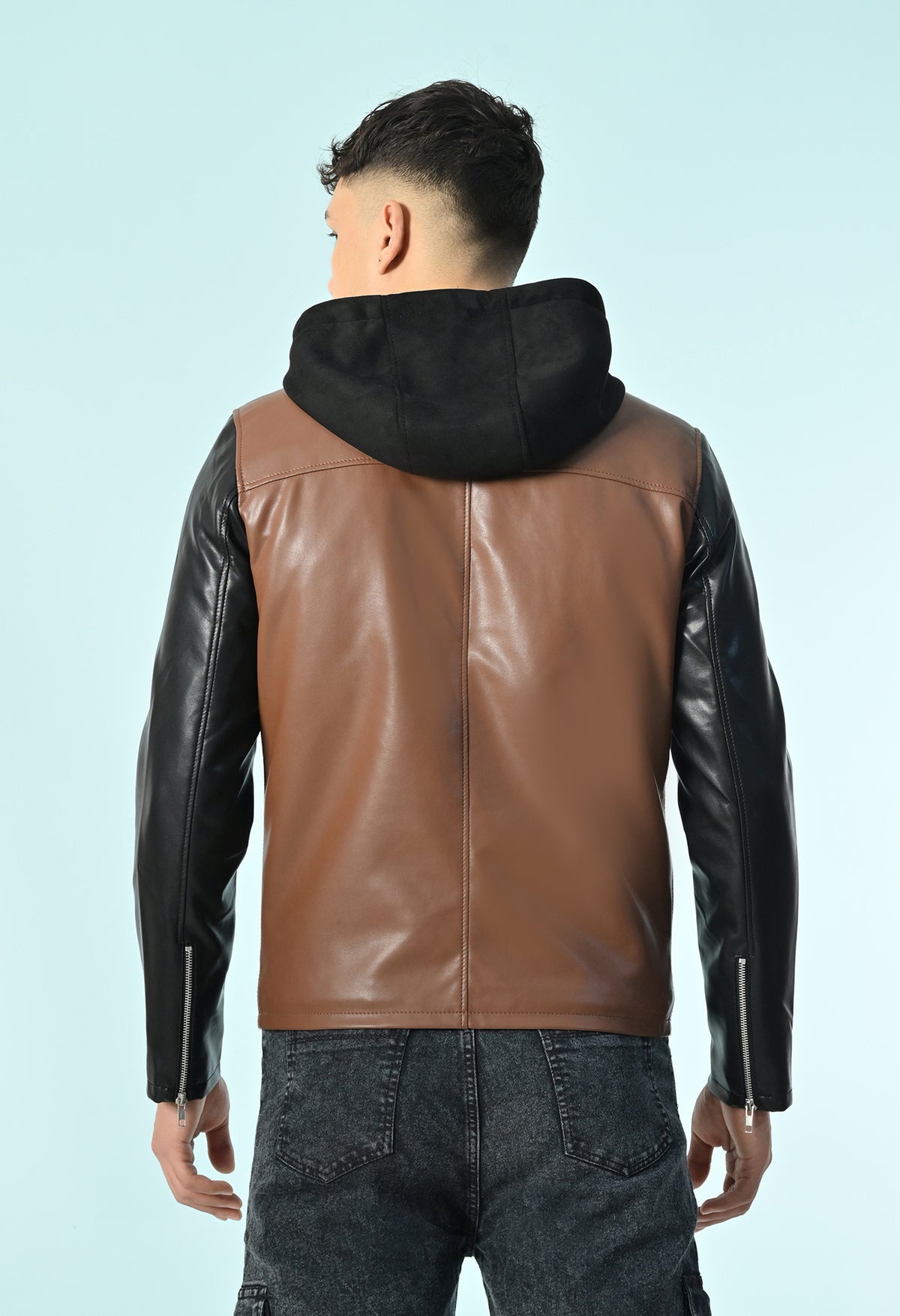 Men Hooded Colourblocked Water Resistant Tan Leather Jacket – view 4