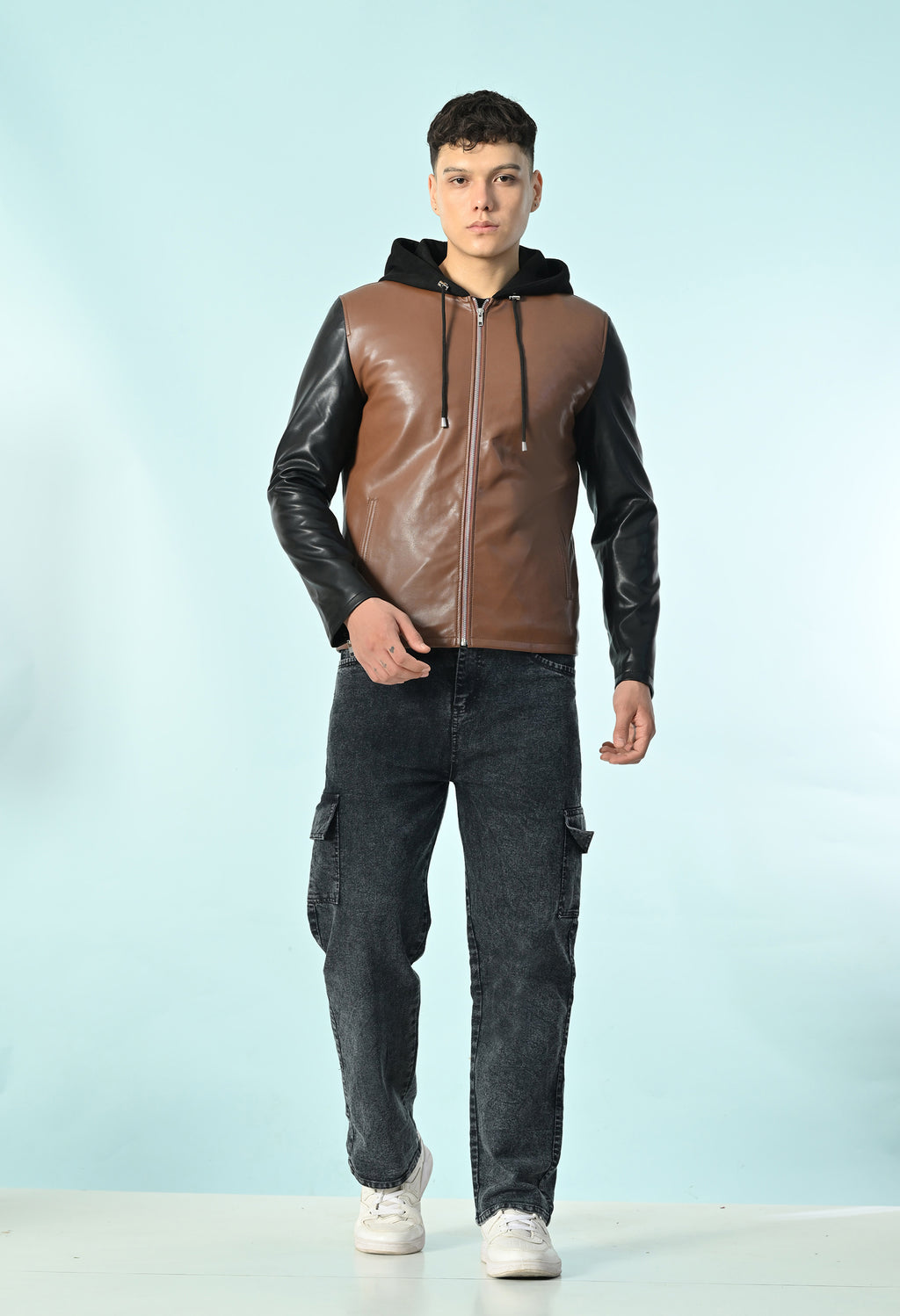 Men Hooded Colourblocked Water Resistant Tan Leather Jacket – view 8