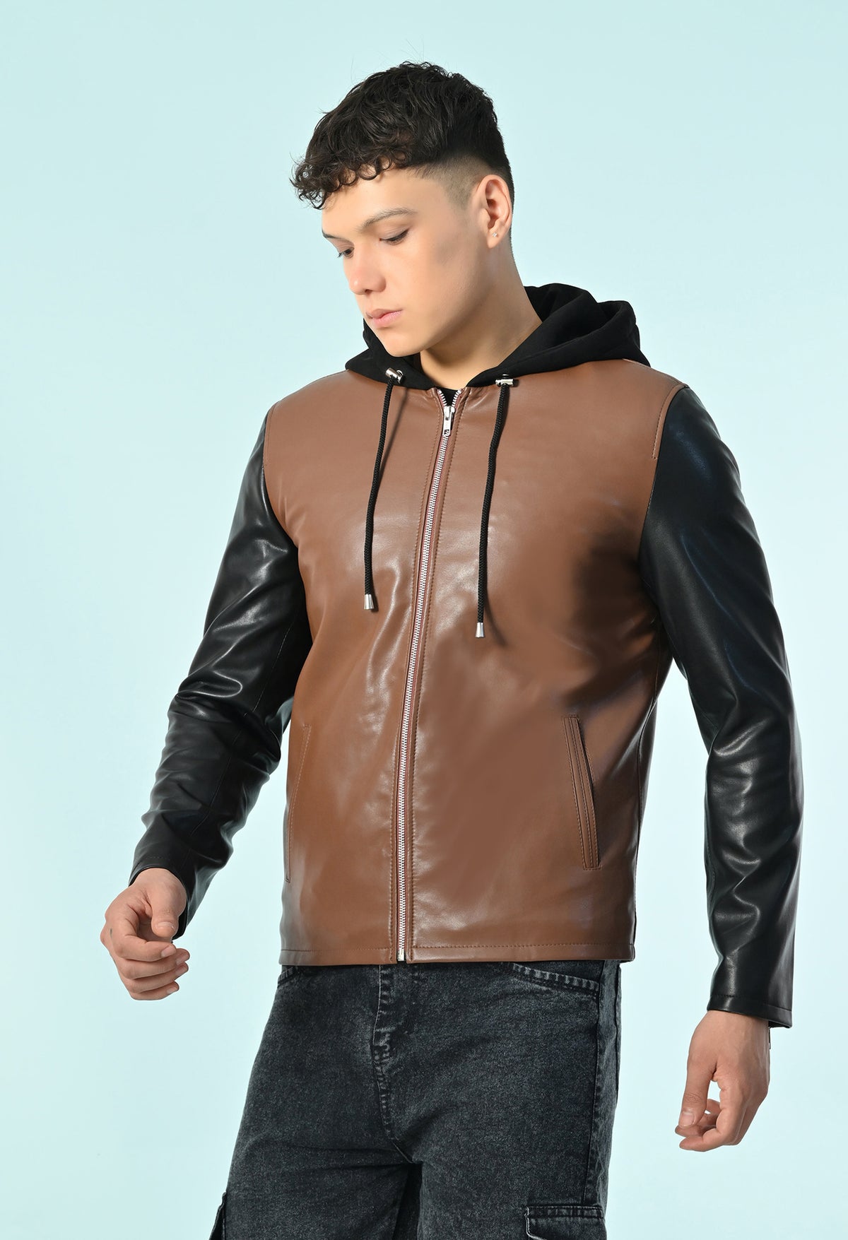 Men Hooded Colourblocked Water Resistant Tan Leather Jacket – view 6