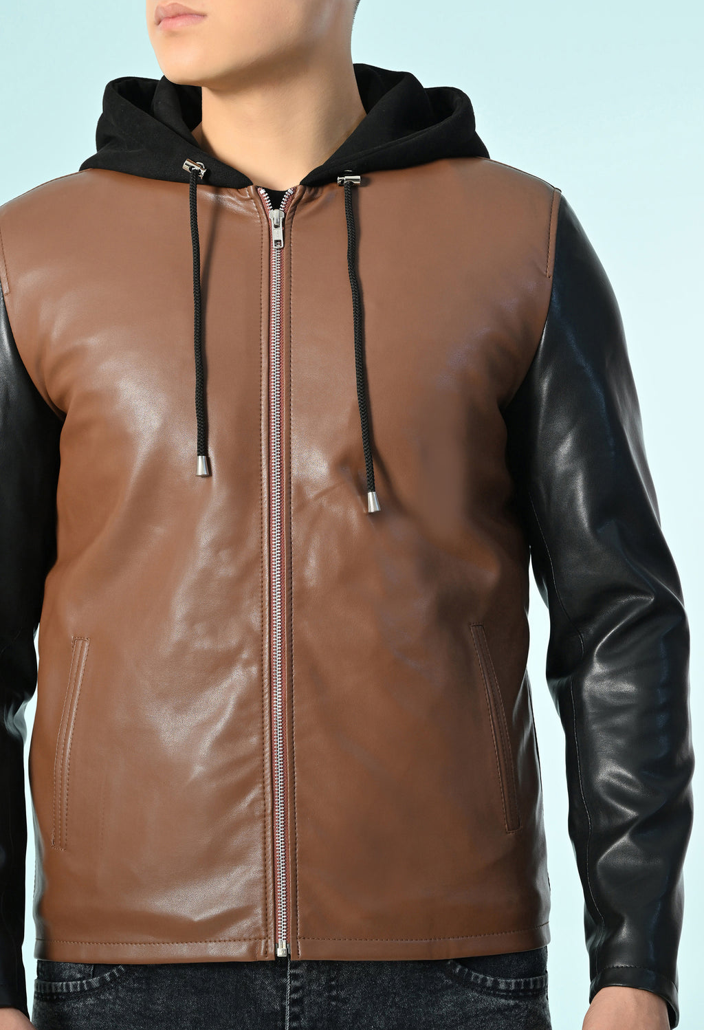 Men Hooded Colourblocked Water Resistant Tan Leather Jacket – view 2