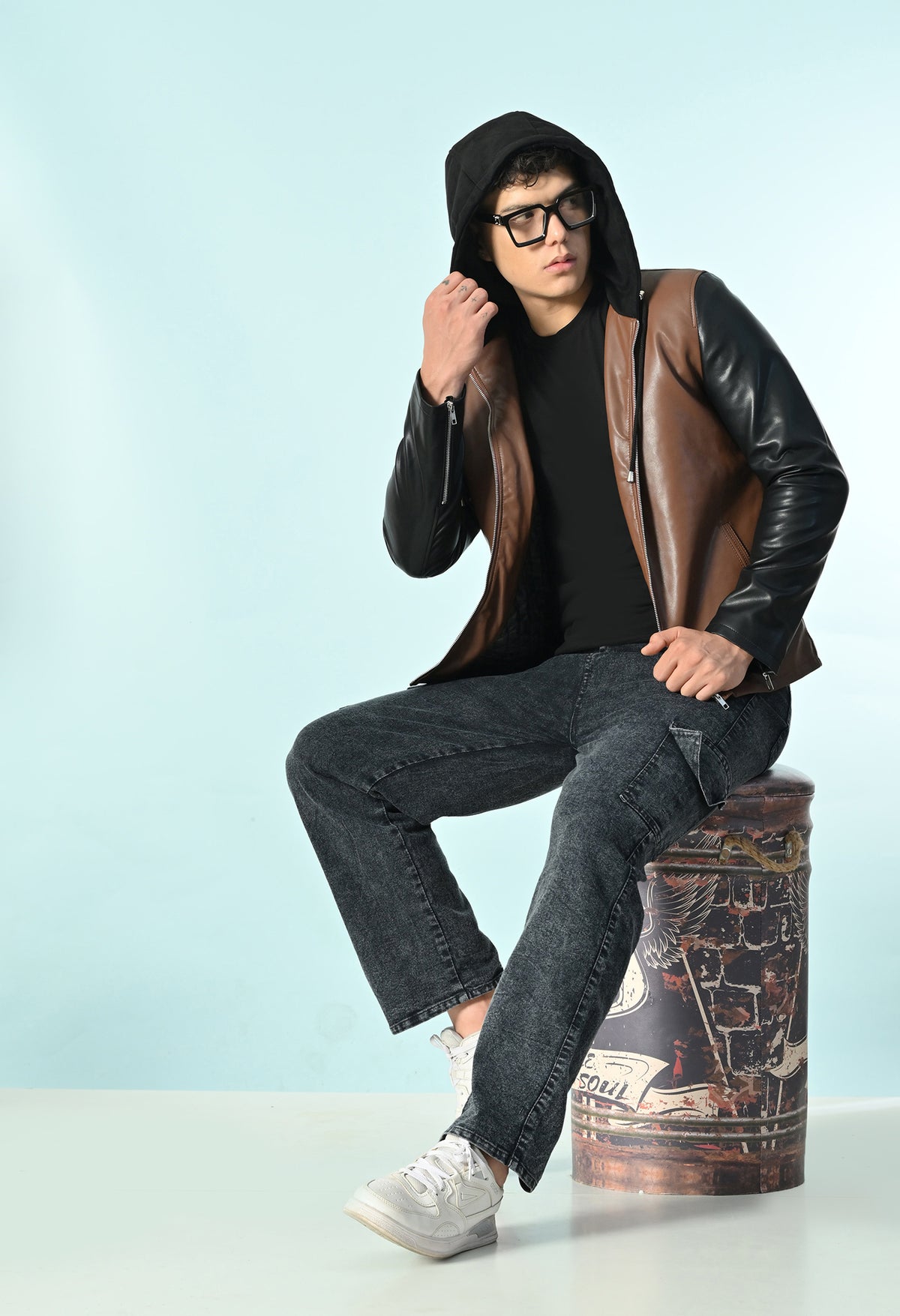 Men Hooded Colourblocked Water Resistant Tan Leather Jacket – view 7