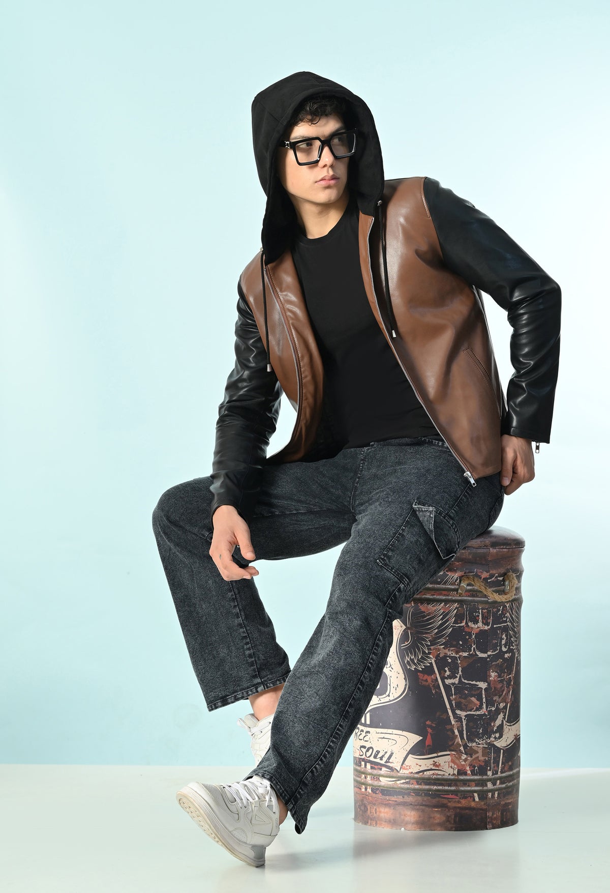 Men Hooded Colourblocked Water Resistant Tan Leather Jacket – view 5