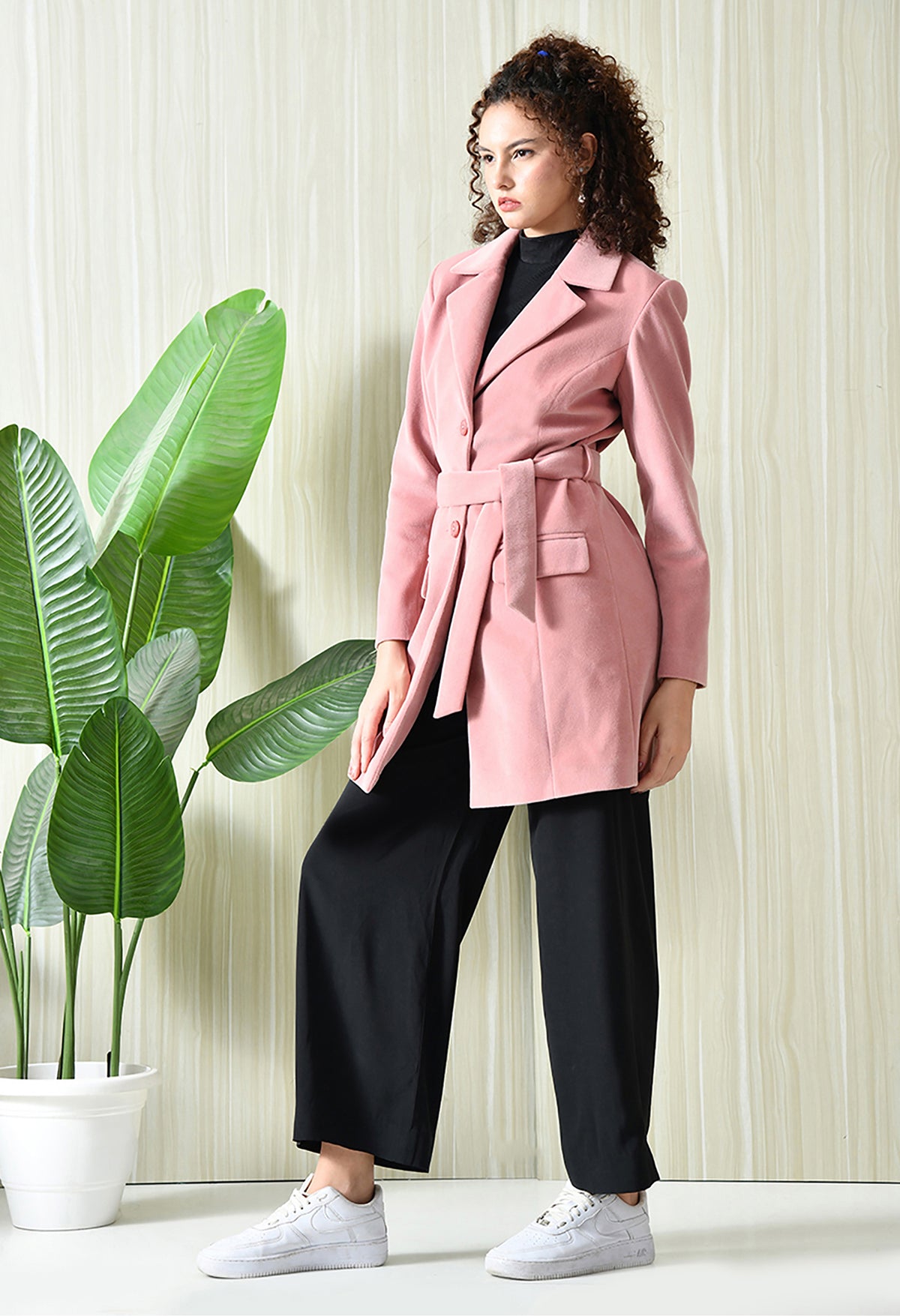 Women Single-Breasted Longline Trench Pink Coat With Belt – view 4