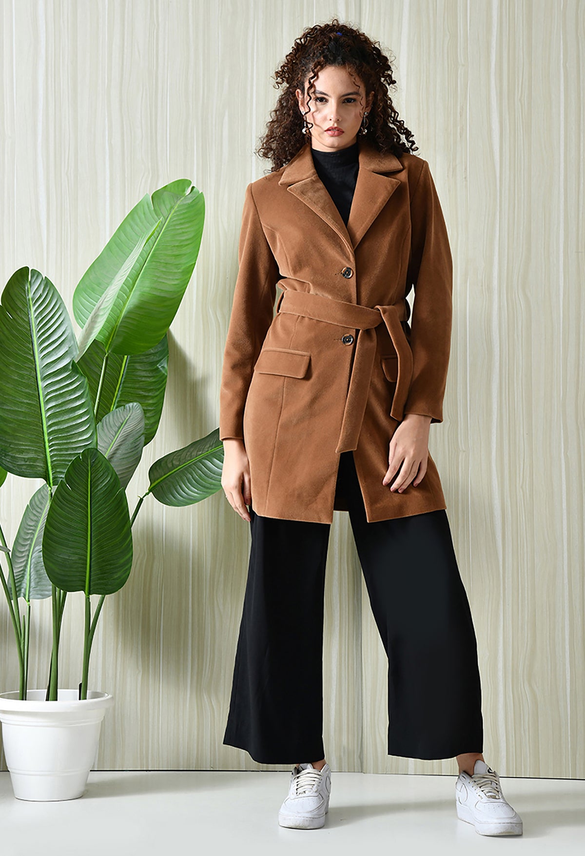 Women Single-Breasted Longline Trench Tan Coat With Belt – view 2