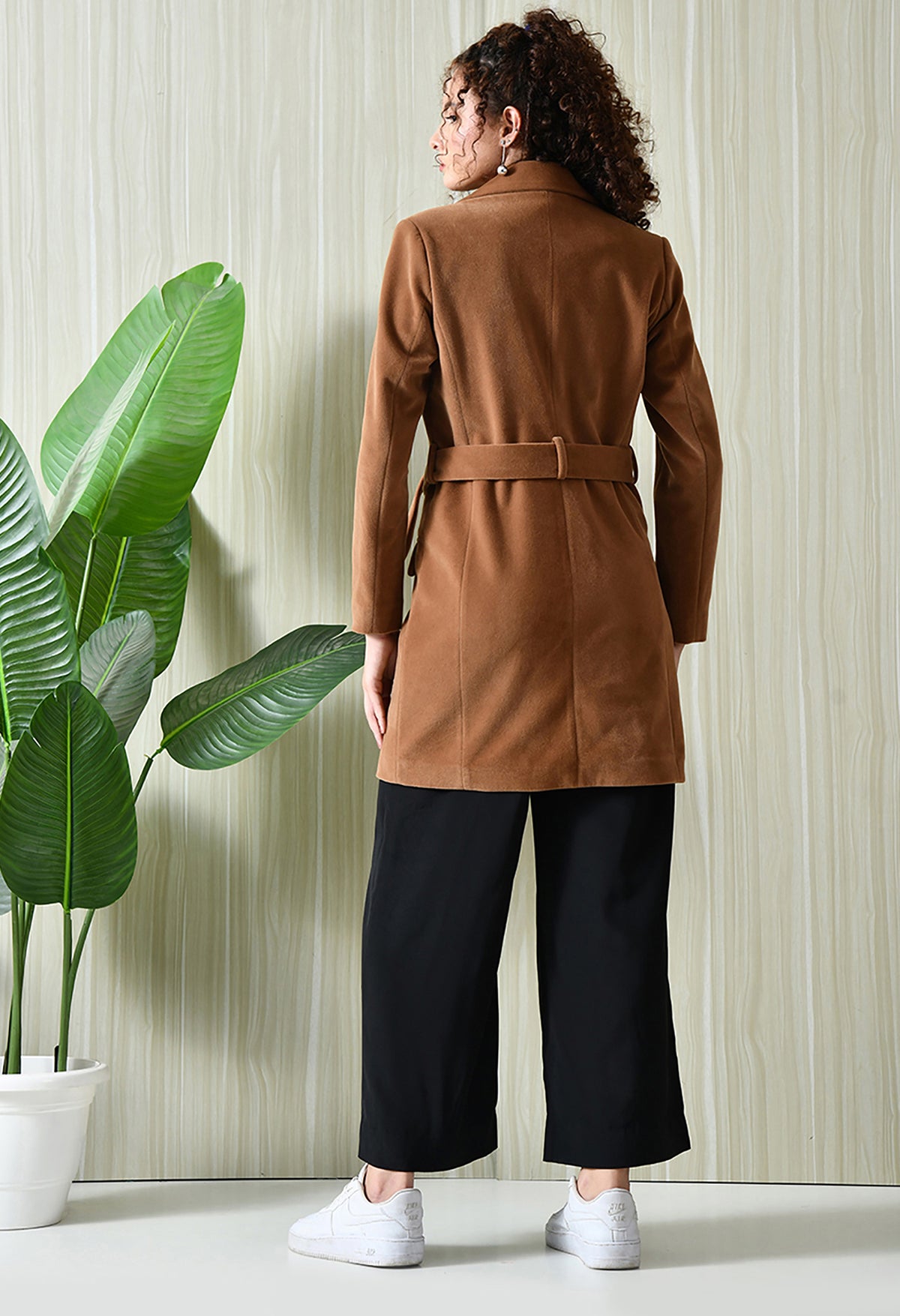 Women Single-Breasted Longline Trench Tan Coat With Belt – view 3