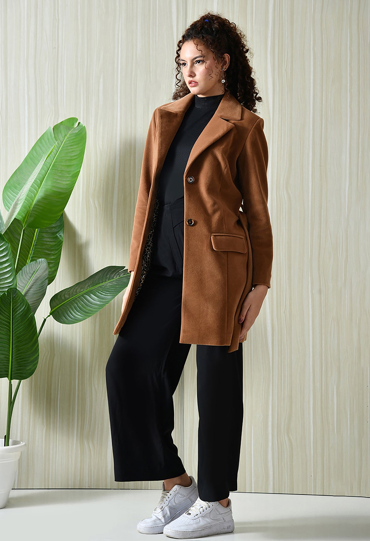 Women Single-Breasted Longline Trench Tan Coat With Belt – view 4