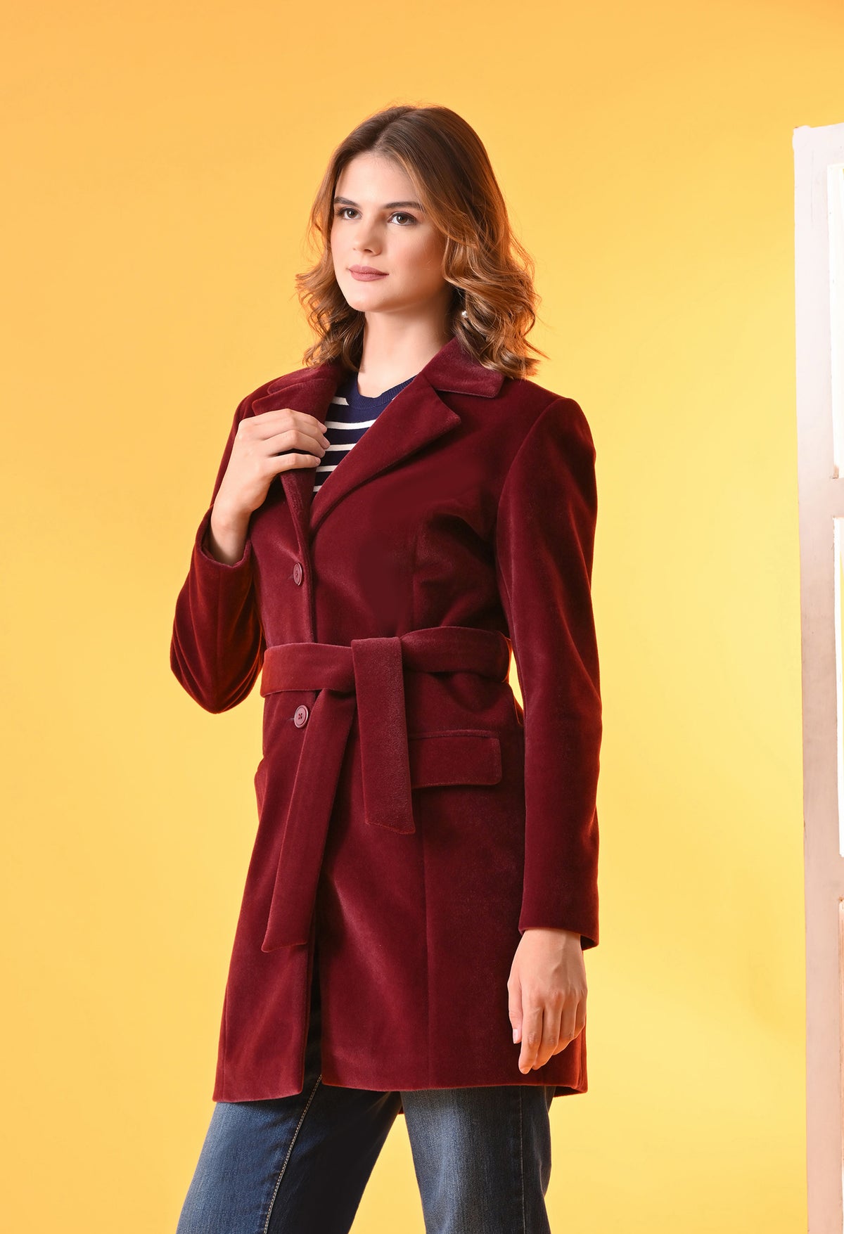 Single-Breasted Maroon Leather Overcoat For Women – view 5