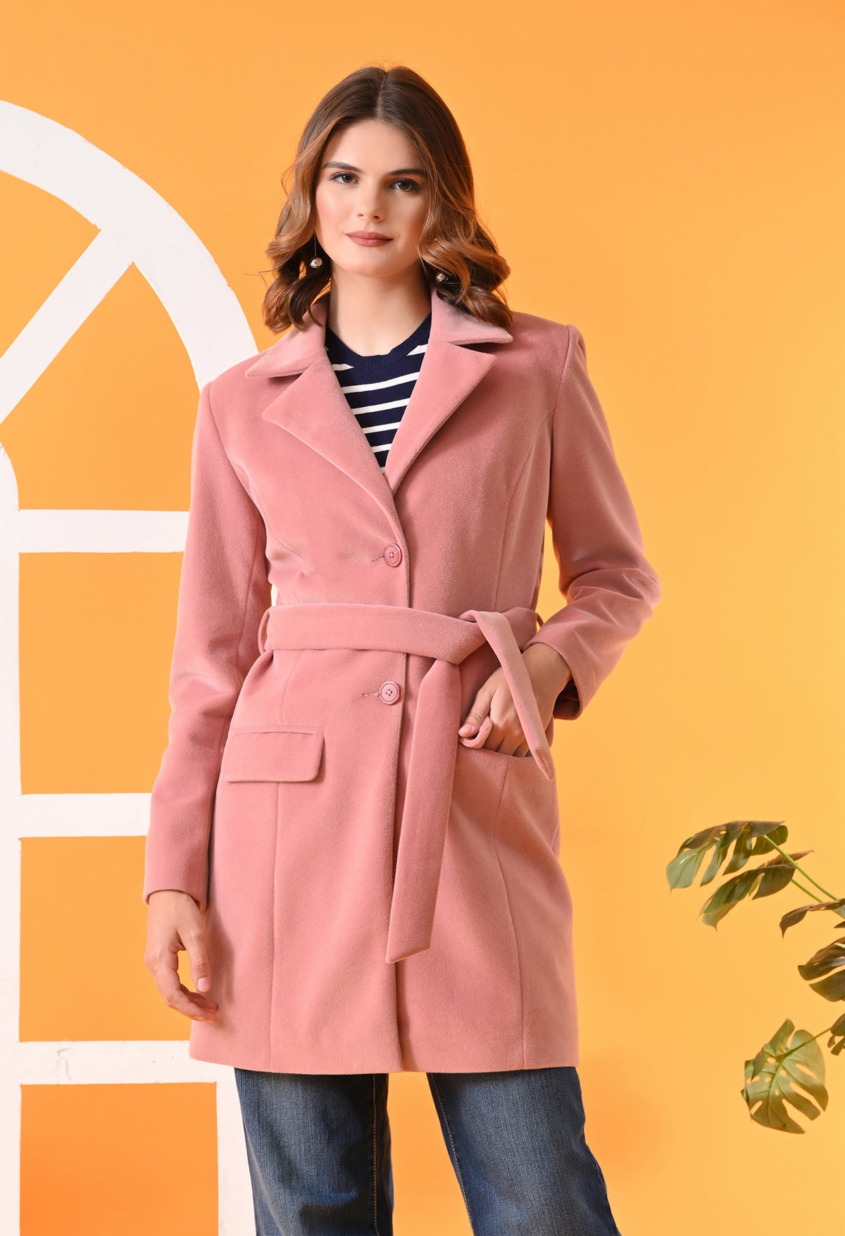 Single-Breasted Pink Leather Overcoat For Women – view 2