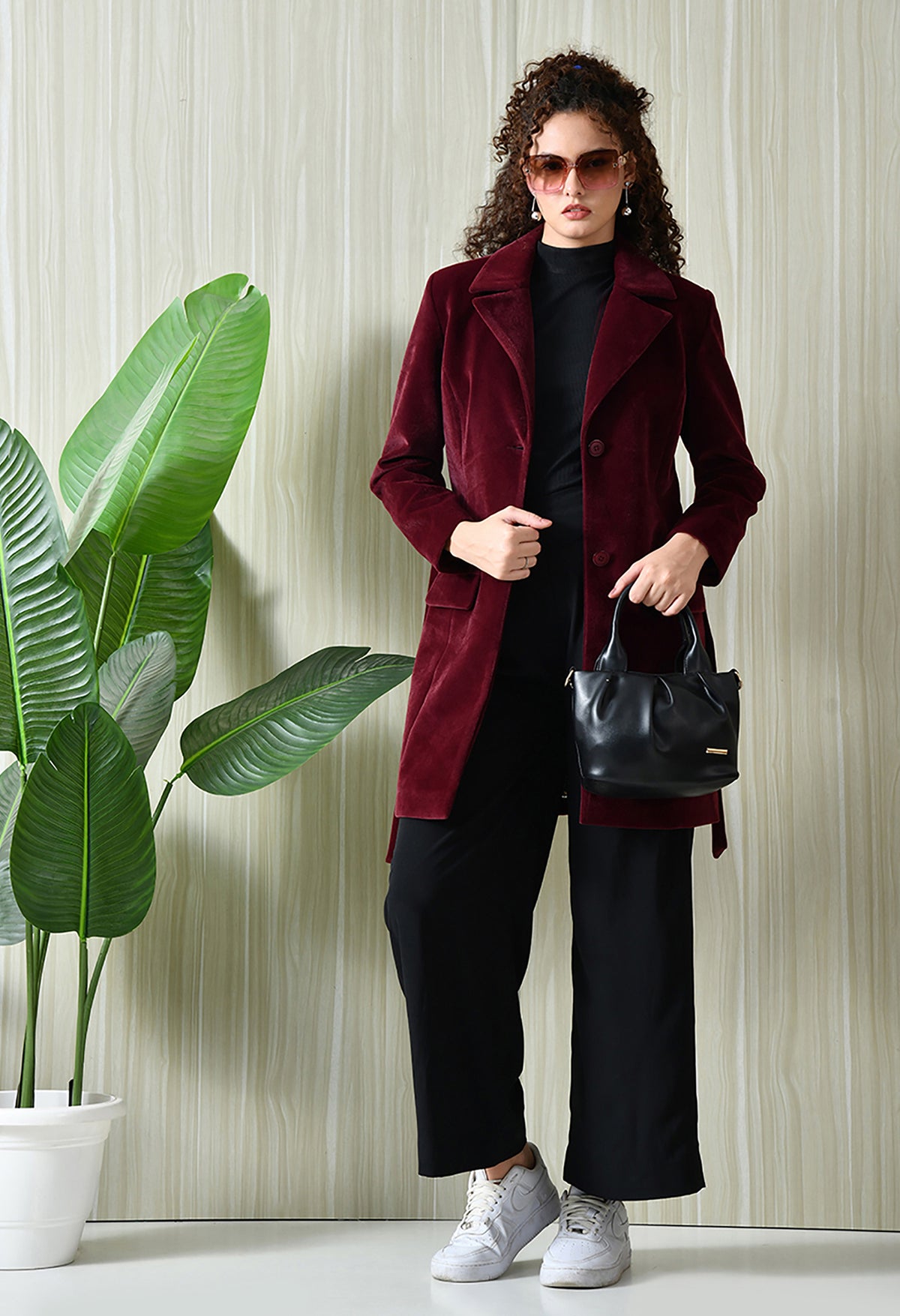 Women Single-Breasted Longline Trench Maroon Coat With Belt – view 3