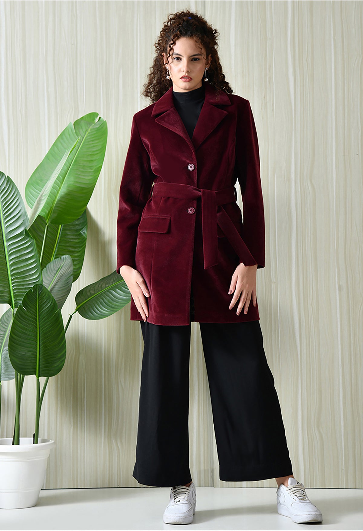 Women Single-Breasted Longline Trench Maroon Coat With Belt – view 2