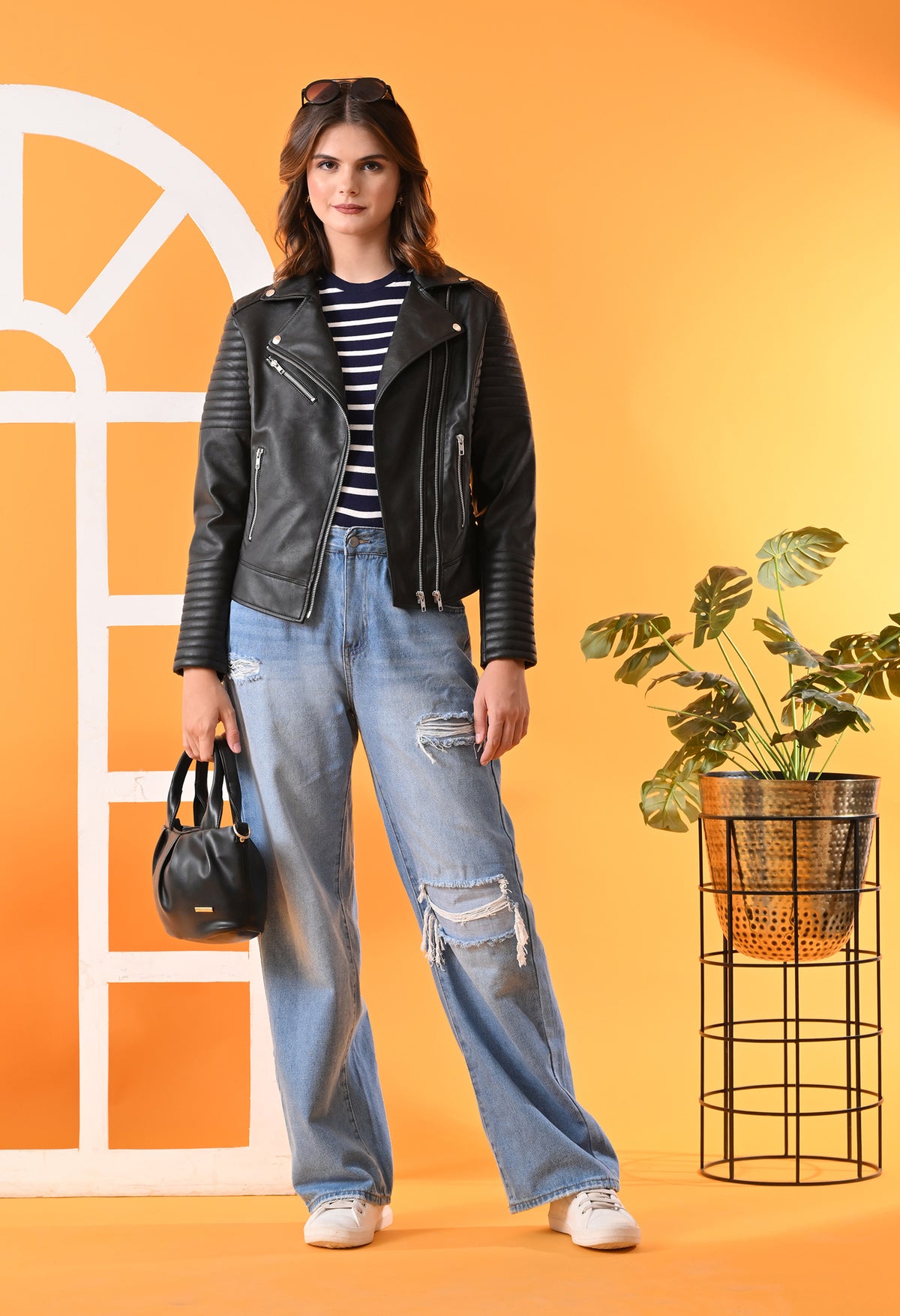 Leather Water Resistant Crop Outdoor Biker Black Jacket for women – view 5
