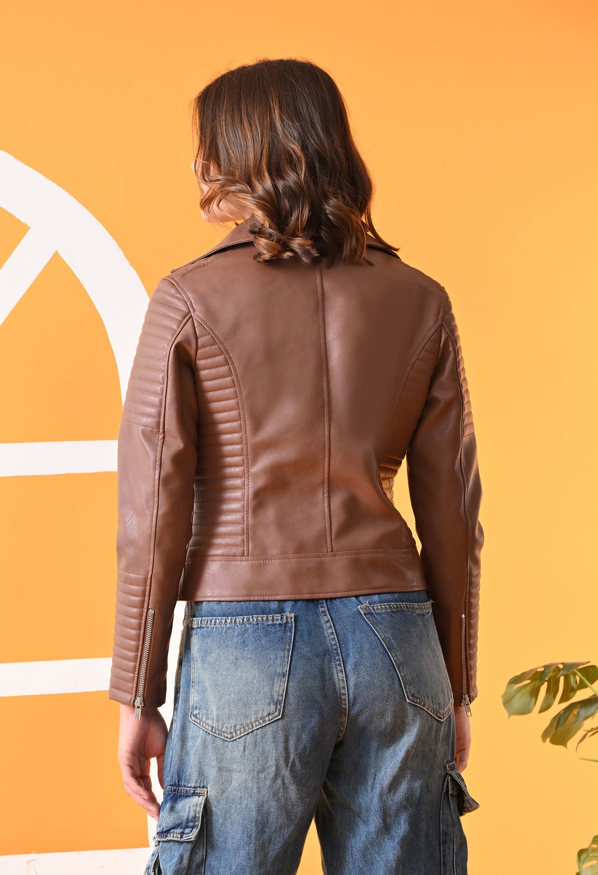 Leather Water Resistant Crop Outdoor Biker Tan Jacket for women – view 2