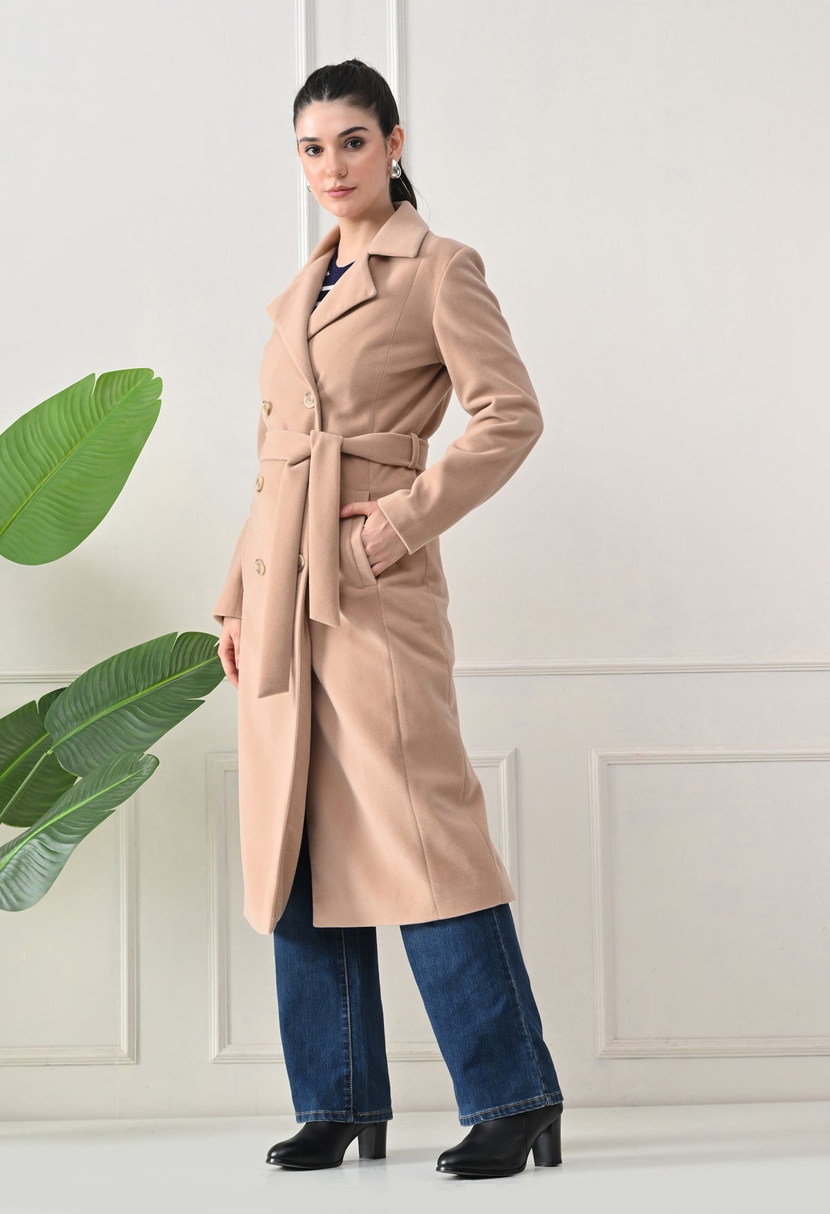 Women Belted Notched Lapel Double-Breasted Longline Beige Trench Coat – view 3