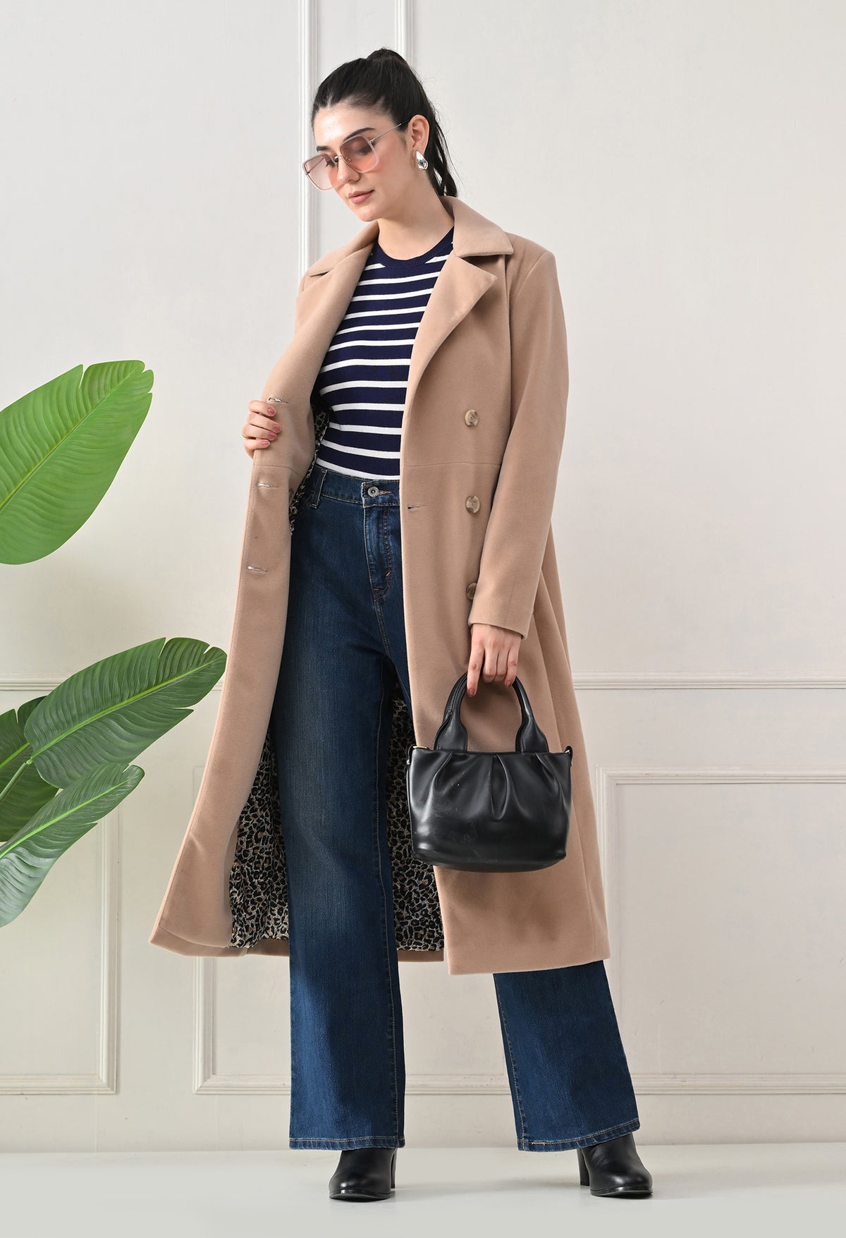 Women Belted Notched Lapel Double-Breasted Longline Beige Trench Coat – view 4
