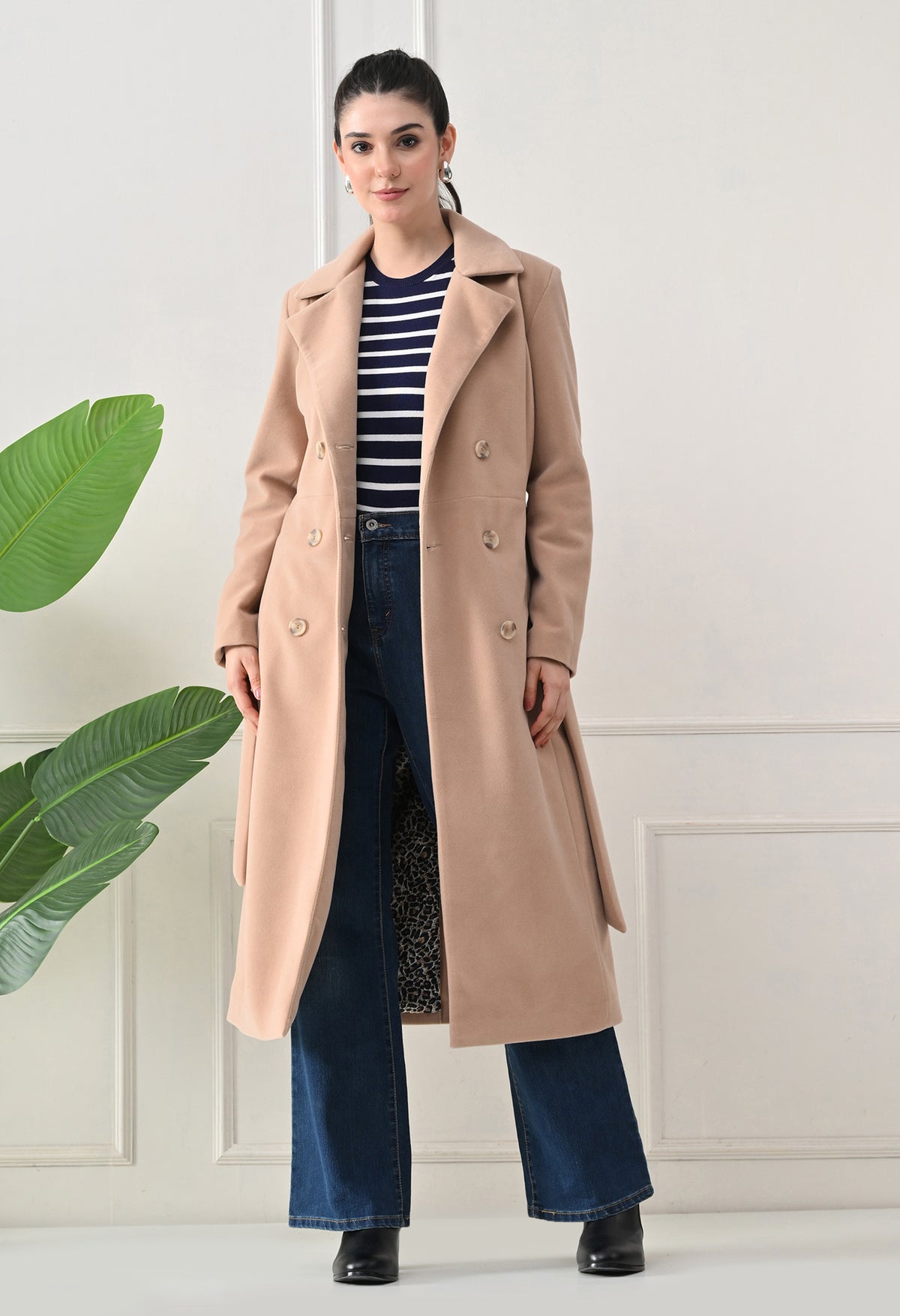 Women Belted Notched Lapel Double-Breasted Longline Beige Trench Coat – view 5