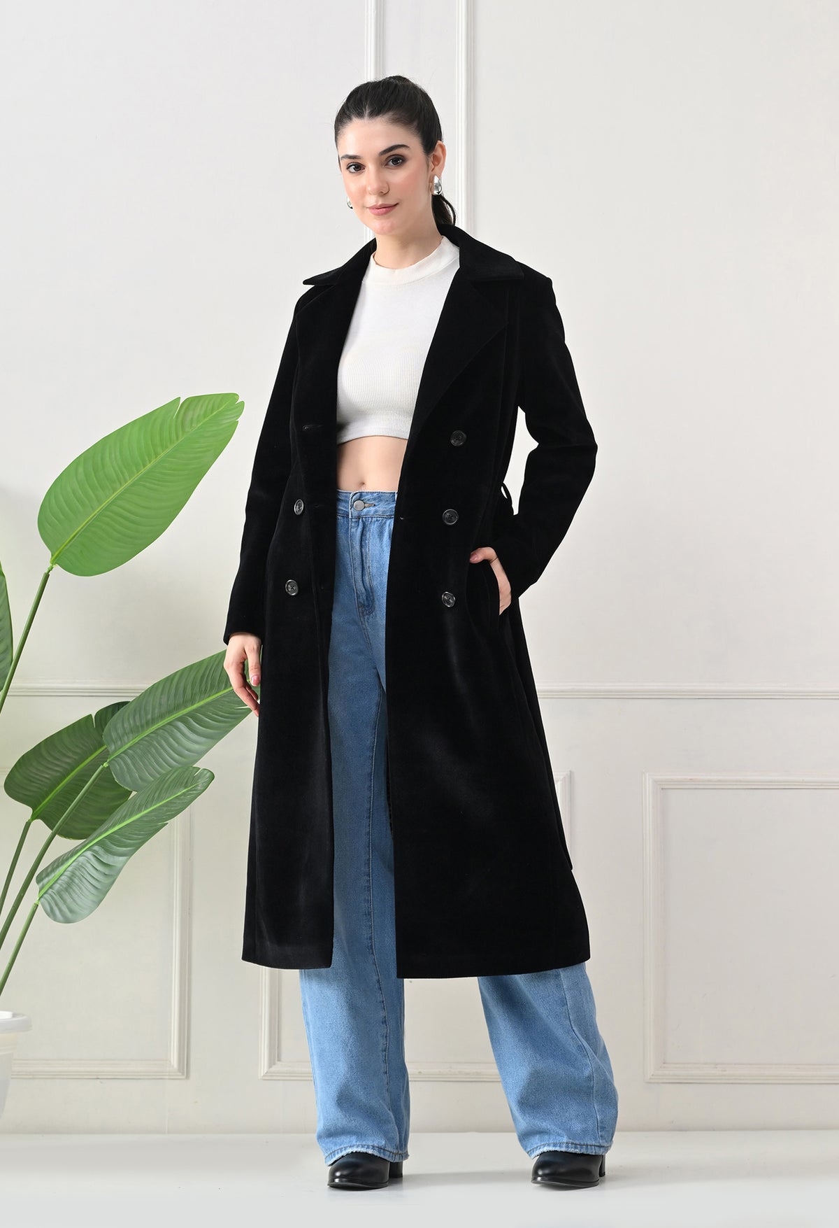 Women Belted Notched Lapel Double-Breasted Longline Black Trench Coat