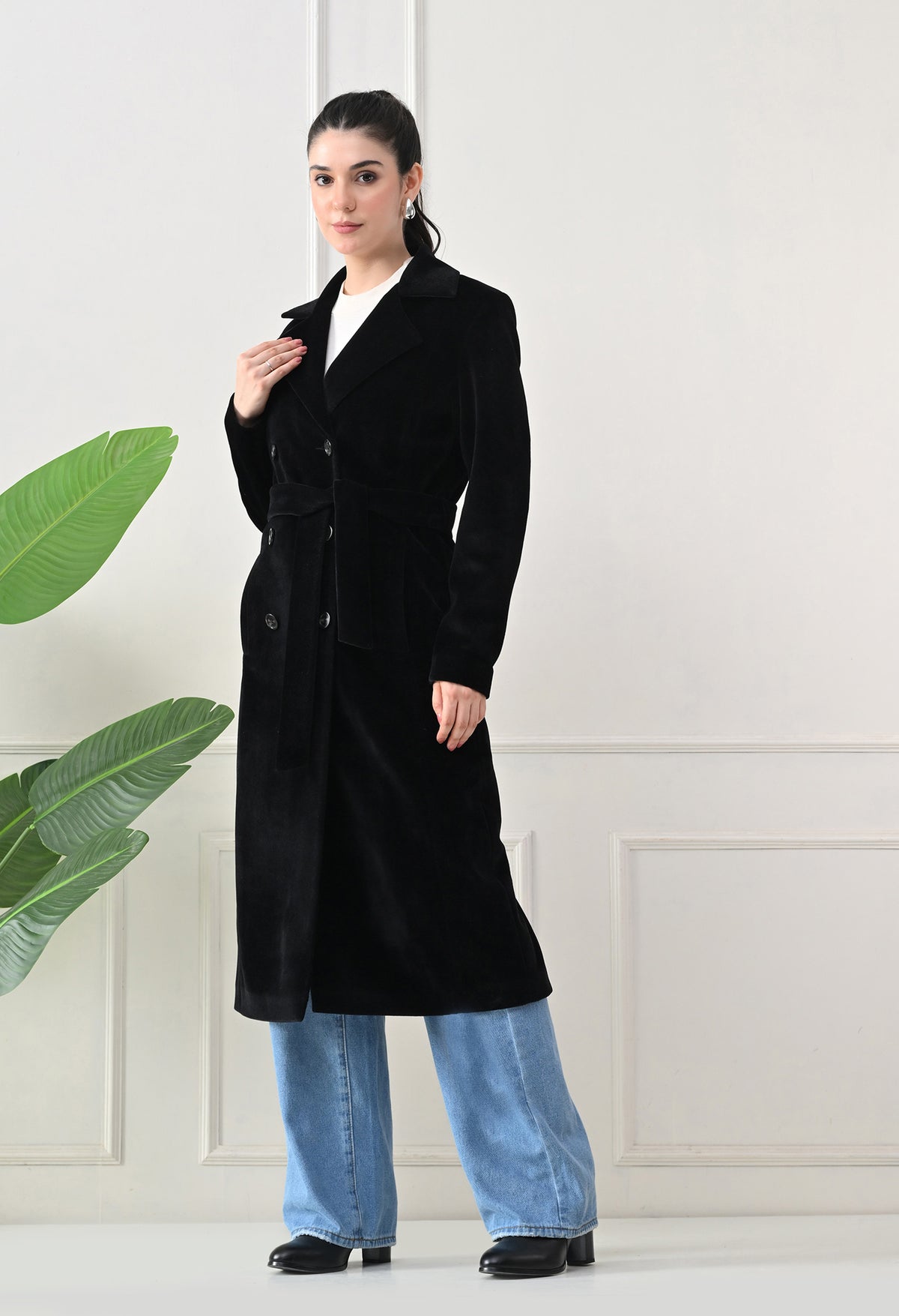 Women Belted Notched Lapel Double-Breasted Longline Black Trench Coat – view 5