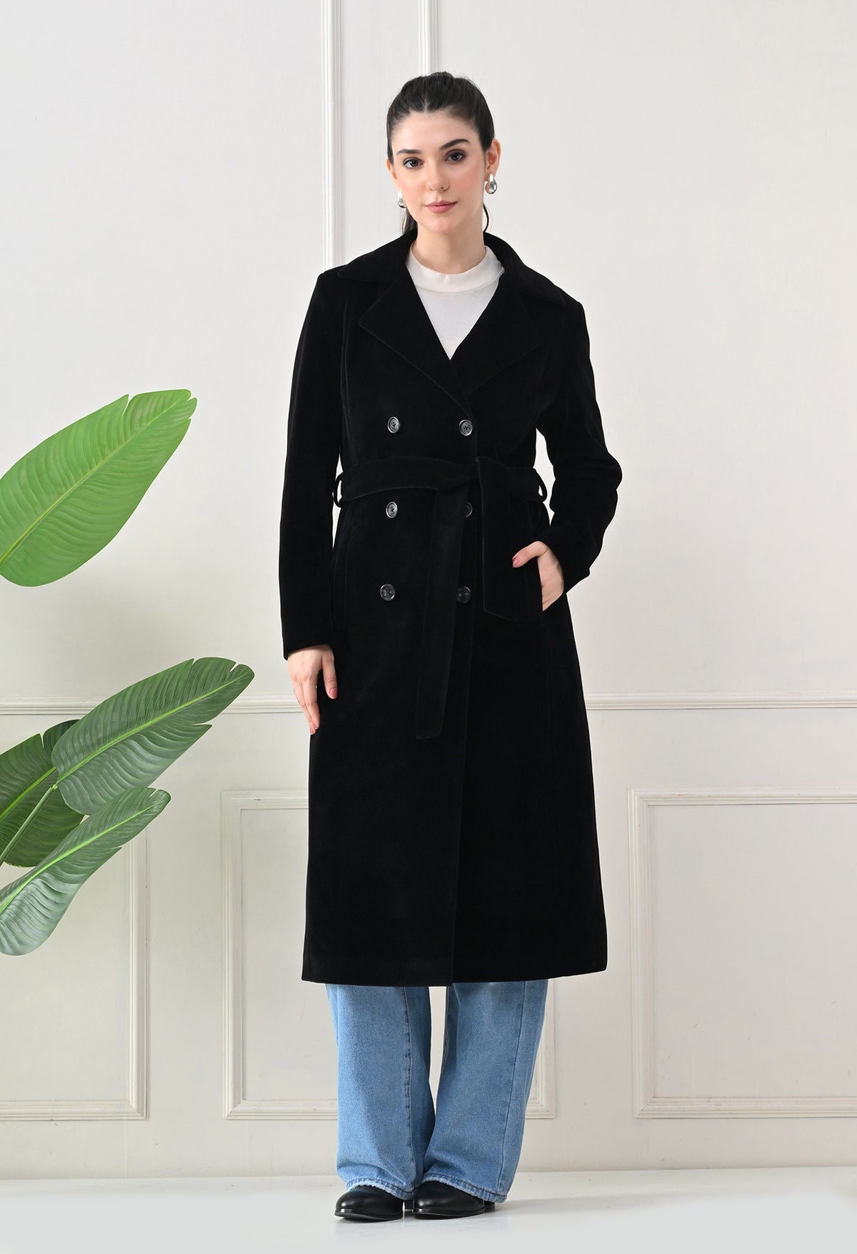 Women Belted Notched Lapel Double-Breasted Longline Black Trench Coat – view 7
