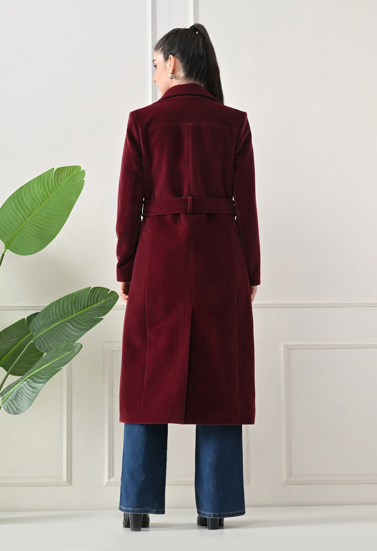 Women Belted Notched Lapel Double-Breasted Longline Maroon Trench Coat – view 2